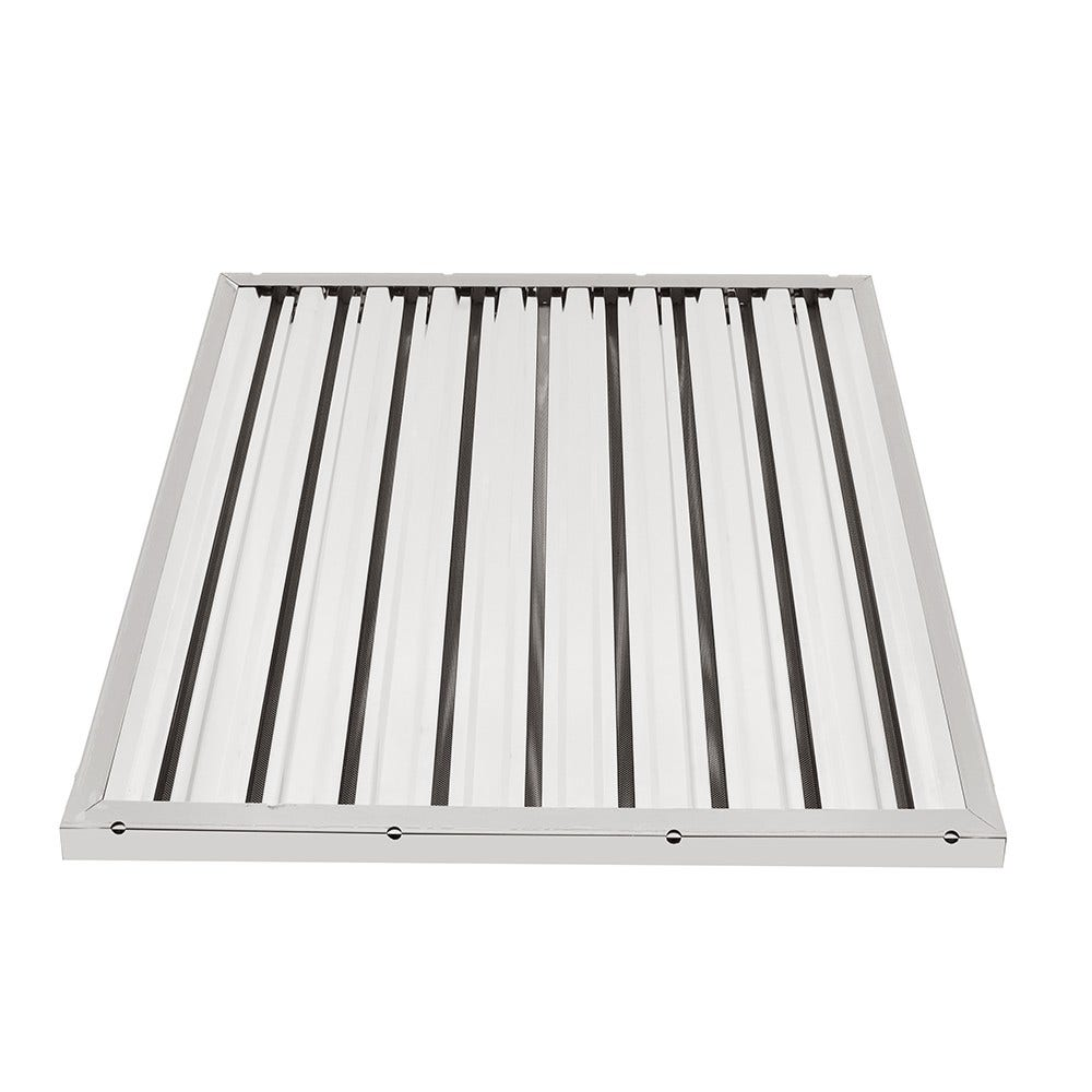 Un filtro rettangolare in acciaio inossidabile con design a strisce verticali bianche e nere, isolato su sfondo bianco.