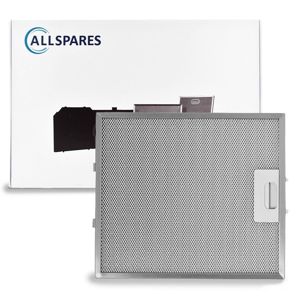 Eine weiße Box mit dem Allspares-Logo und ein Metallgitterfilter mit weißem Griff. Der Hintergrund hat andere Komponenten.
