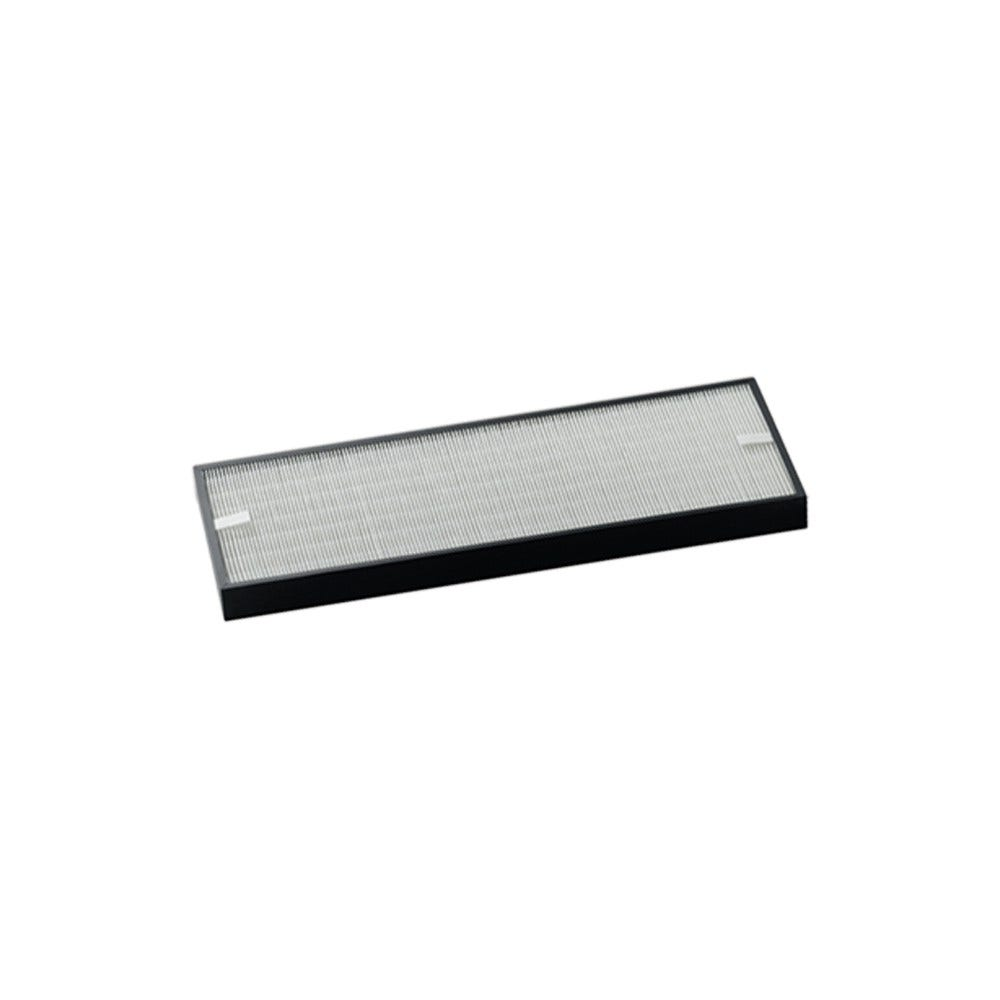 Un filtro dell'aria rettangolare con una cornice nera e un materiale filtrante bianco a forma di rete. Il filtro è su sfondo bianco.