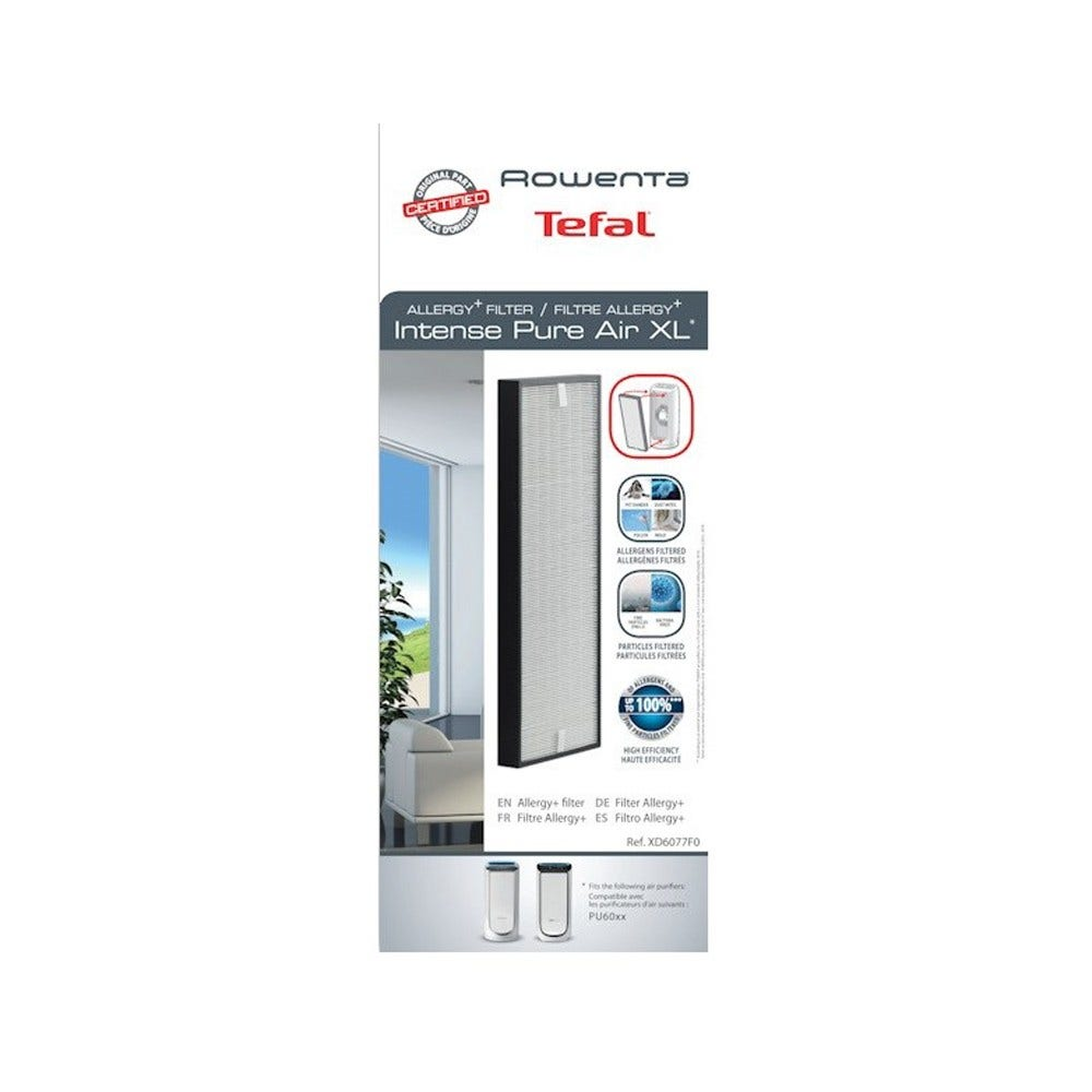 Un prodotto filtro aria, marchio Tefal, con il logo Rowenta. Presenta il filtro Intense Pure Air XL e i dettagli del prodotto.