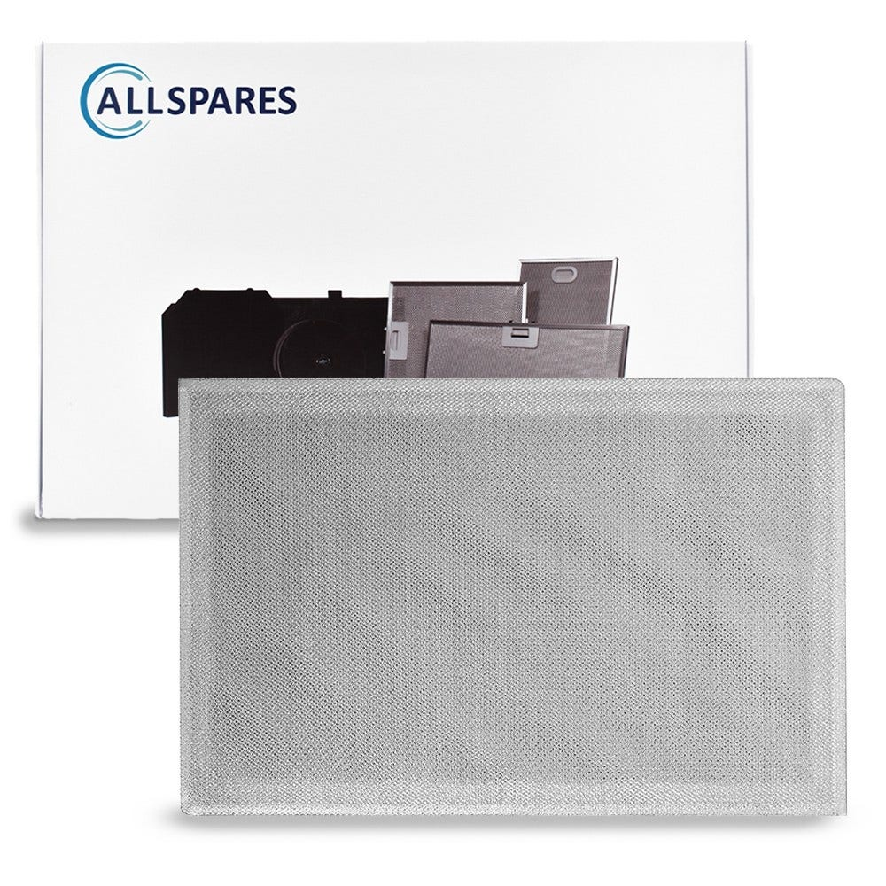 Una scatola bianca con il logo 'ALLSPARES' e vari filtri per cappa neri e argentati. Un filtro a rete davanti.