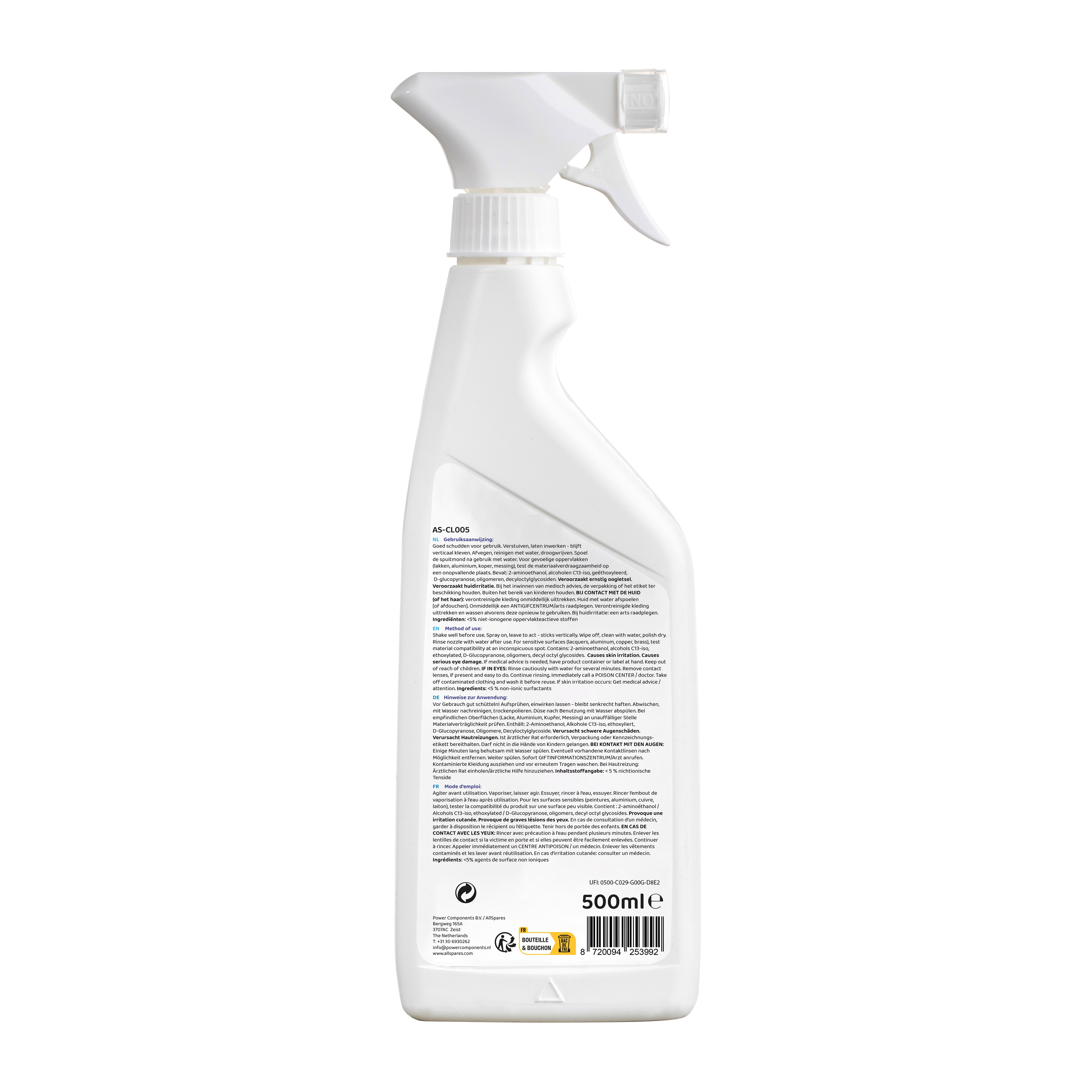 Flacone spray bianco con ugello a grilletto. Testo e marchio sull'etichetta. La bottiglia è su sfondo bianco.