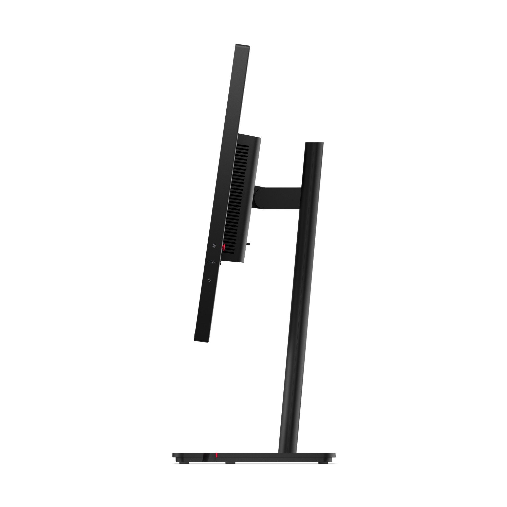 Czarny monitor komputera w profilu, pokazujący ekran, podstawę i podstawę na białym tle.