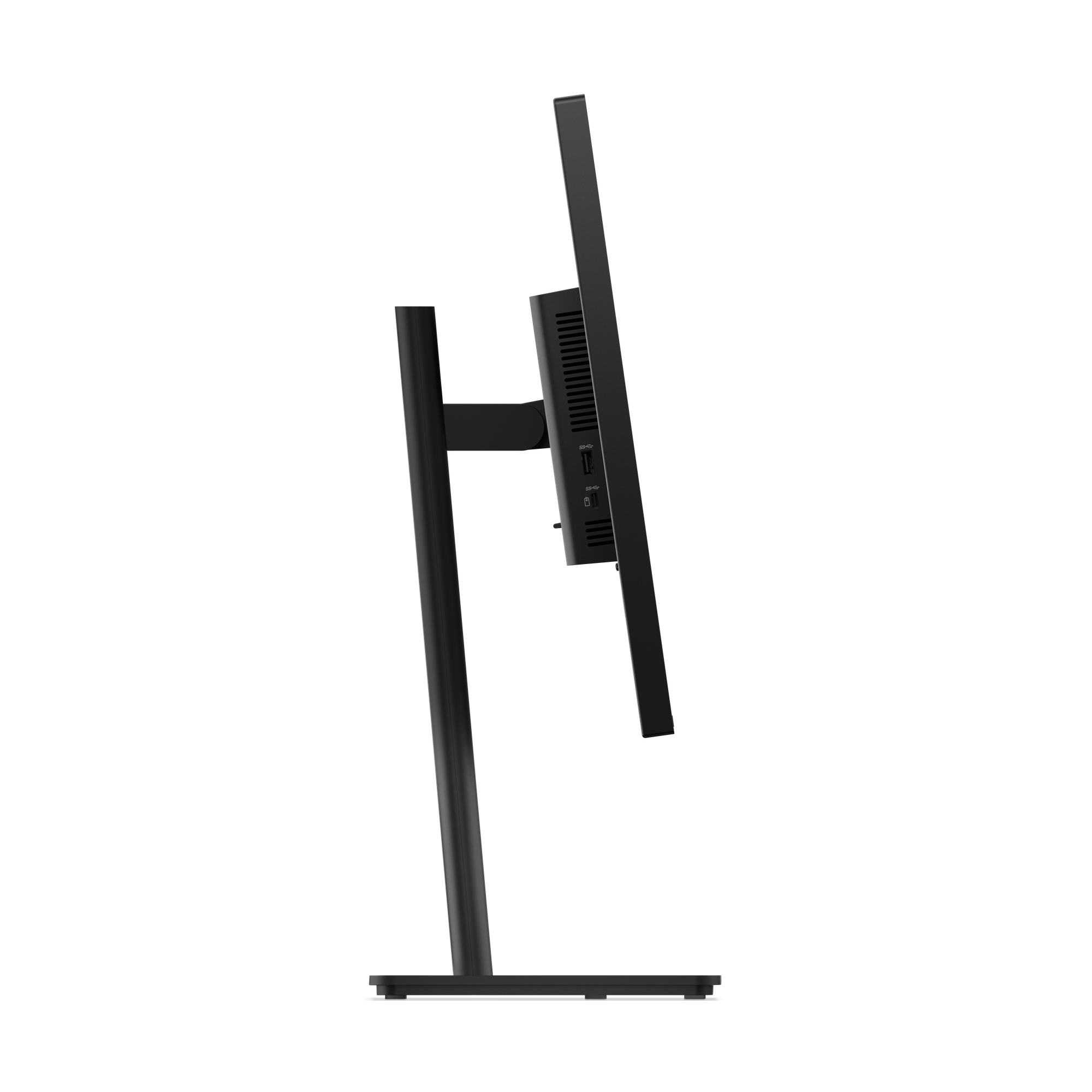 Czarny monitor komputera na białym tle. Widok z boku pokazuje podstawę, ekran i porty z tyłu.