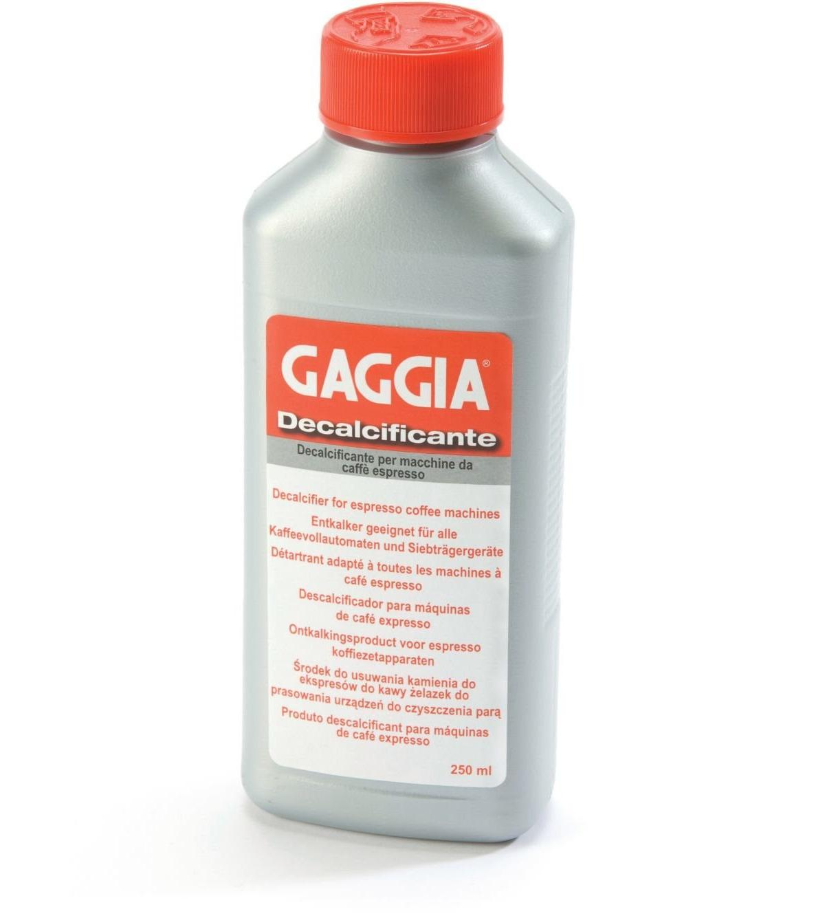 Eine Flasche Gaggia Entkalkungslösung. Sie hat einen roten Deckel und ein weißes Etikett mit Produktinformationen in mehreren Sprachen.