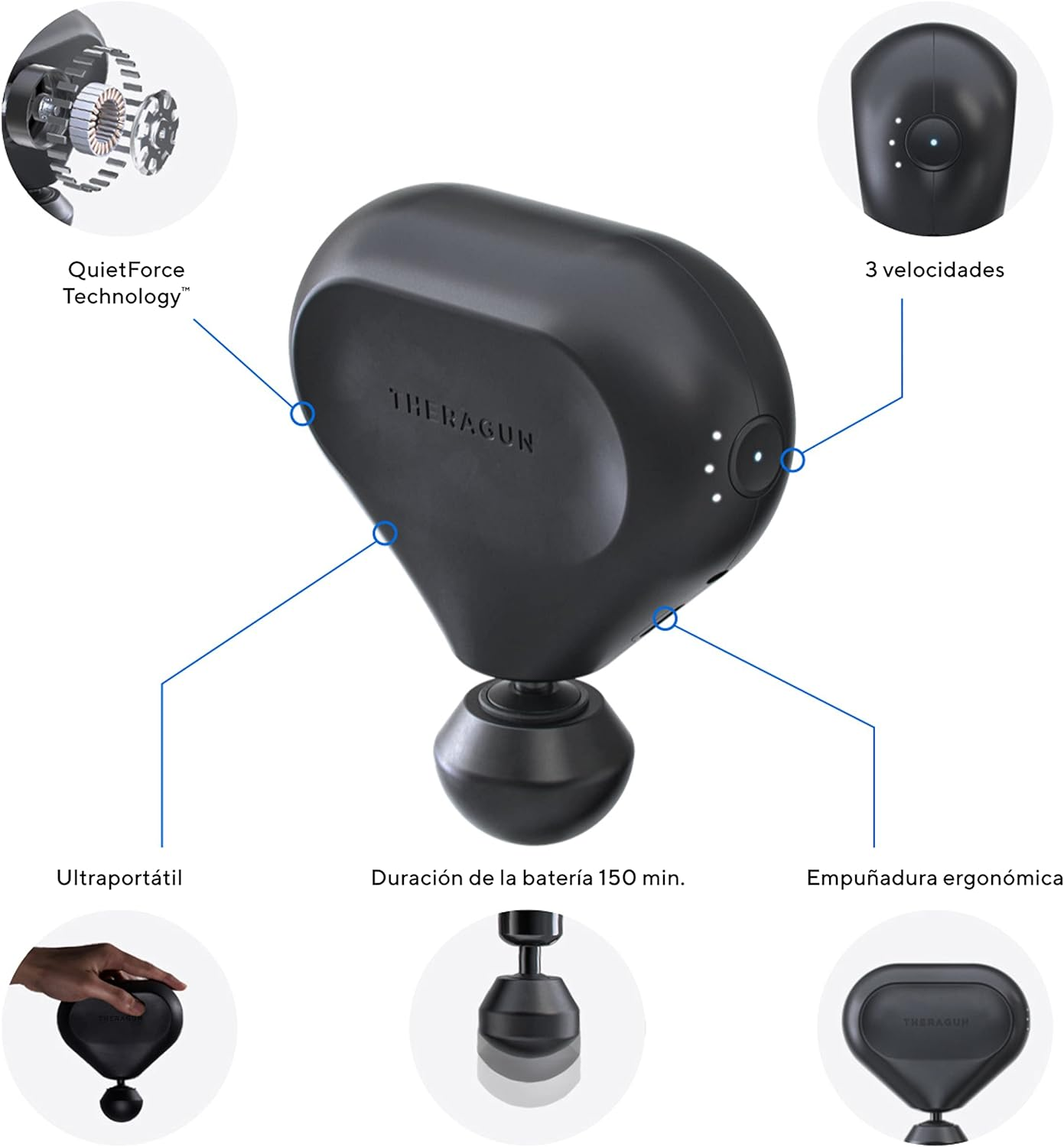 Masajeador Theragun negro con características: Tecnología QuietForce, 3 velocidades, ultraportátil, batería 150min, agarre ergonómico.