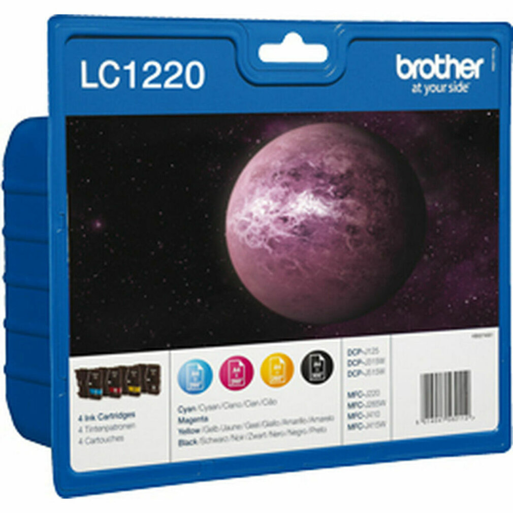 Eine blaue Brother-Tintenpatronenbox mit einem violetten Planetenbild. Sie enthält vier Tintenpatronen. Der Text LC1220 steht oben.