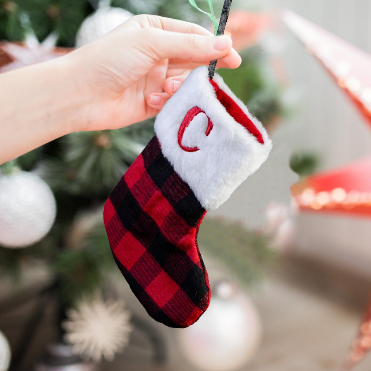 Eine Hand hält einen kleinen Weihnachtsstrumpf. Er ist rot-schwarz kariert mit weißem Fellbesatz und einem roten 'C'.
