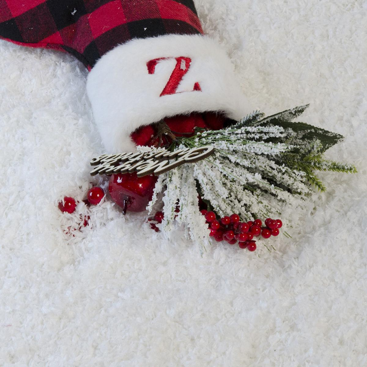 Weihnachtsstrumpf mit rotem Karomuster. Enthält Beeren, Äpfel und einen Zweig mit den Worten "Frohe Weihnachten". Alles auf weißem Schnee.