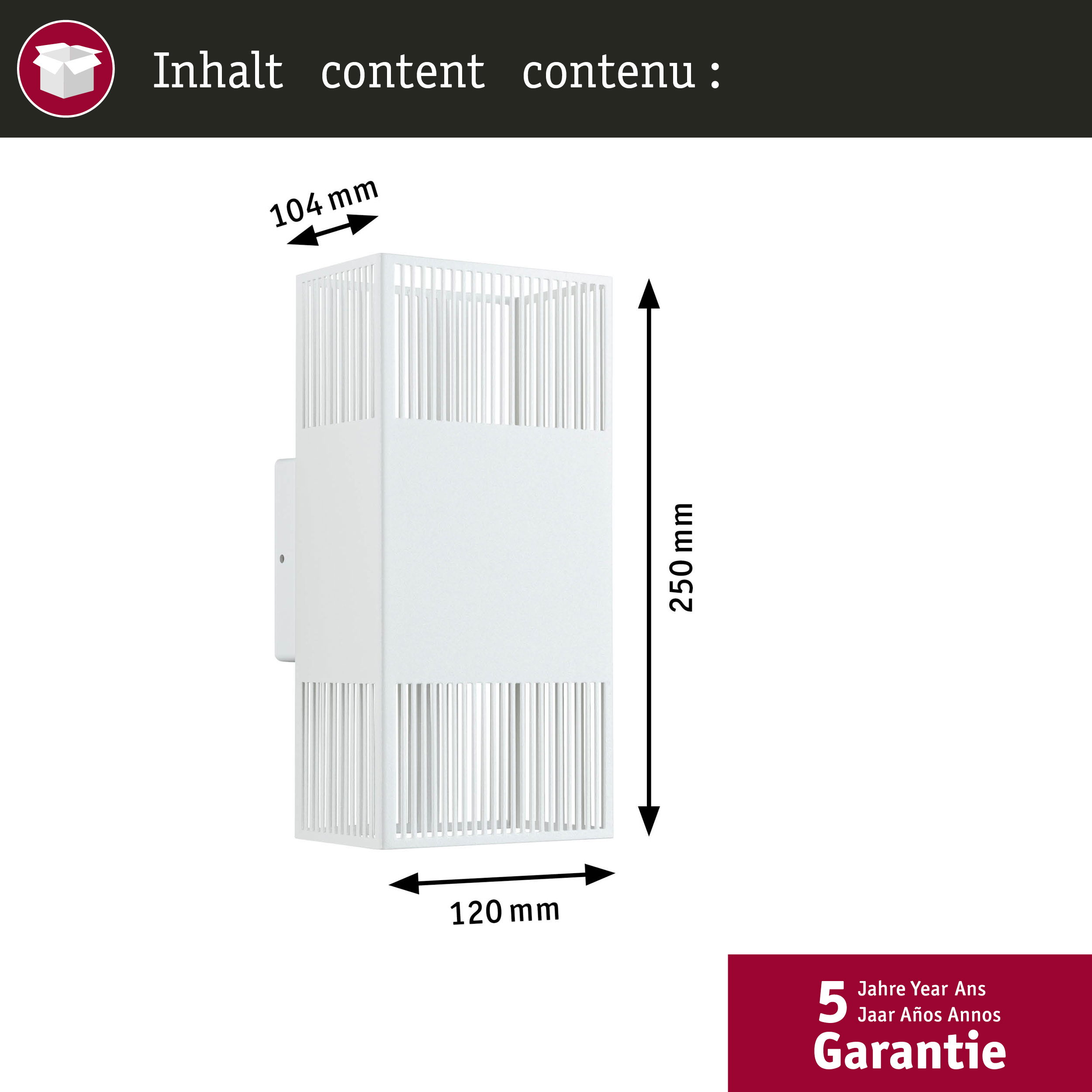 Eine weiße Wandleuchte mit Abmessungen. Text: Inhalt Inhalt, Garantie. Abmessungen: 104 mm, 250 mm, 120 mm.