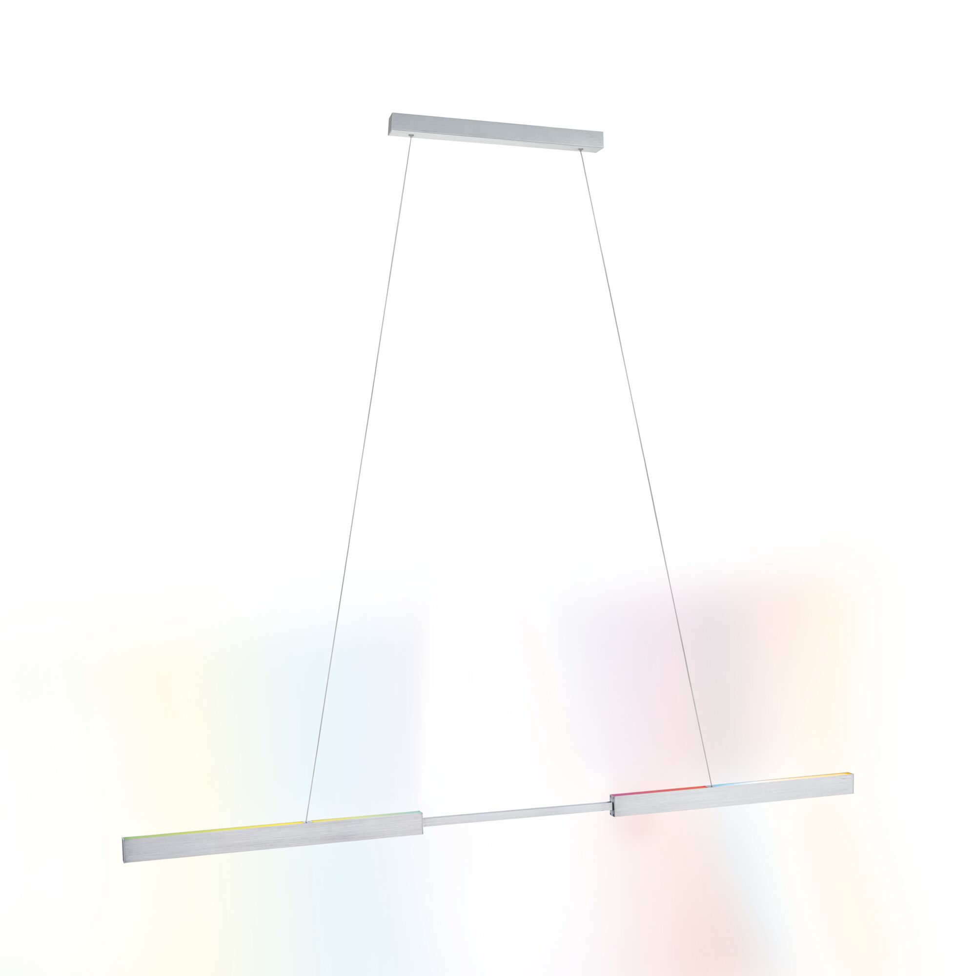 Un luminaire suspendu moderne avec deux barres horizontales reliées par une tige métallique, sur fond blanc.