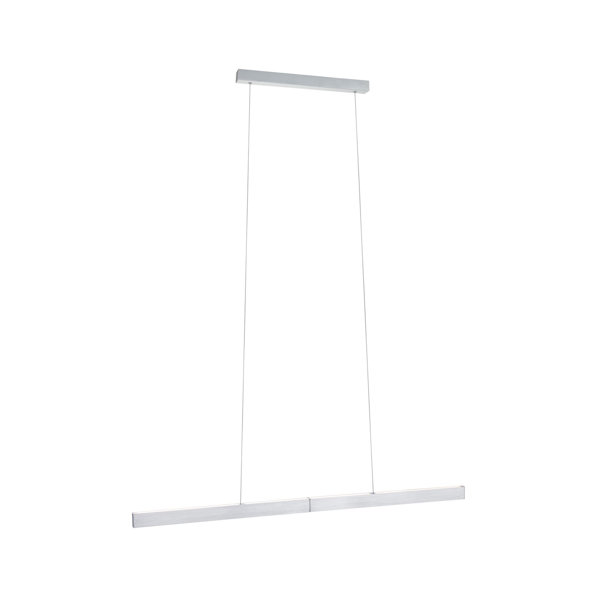 Un luminaire LED argenté moderne est suspendu au plafond. Il se compose d'une longue barre horizontale et d'une plus petite au-dessus.