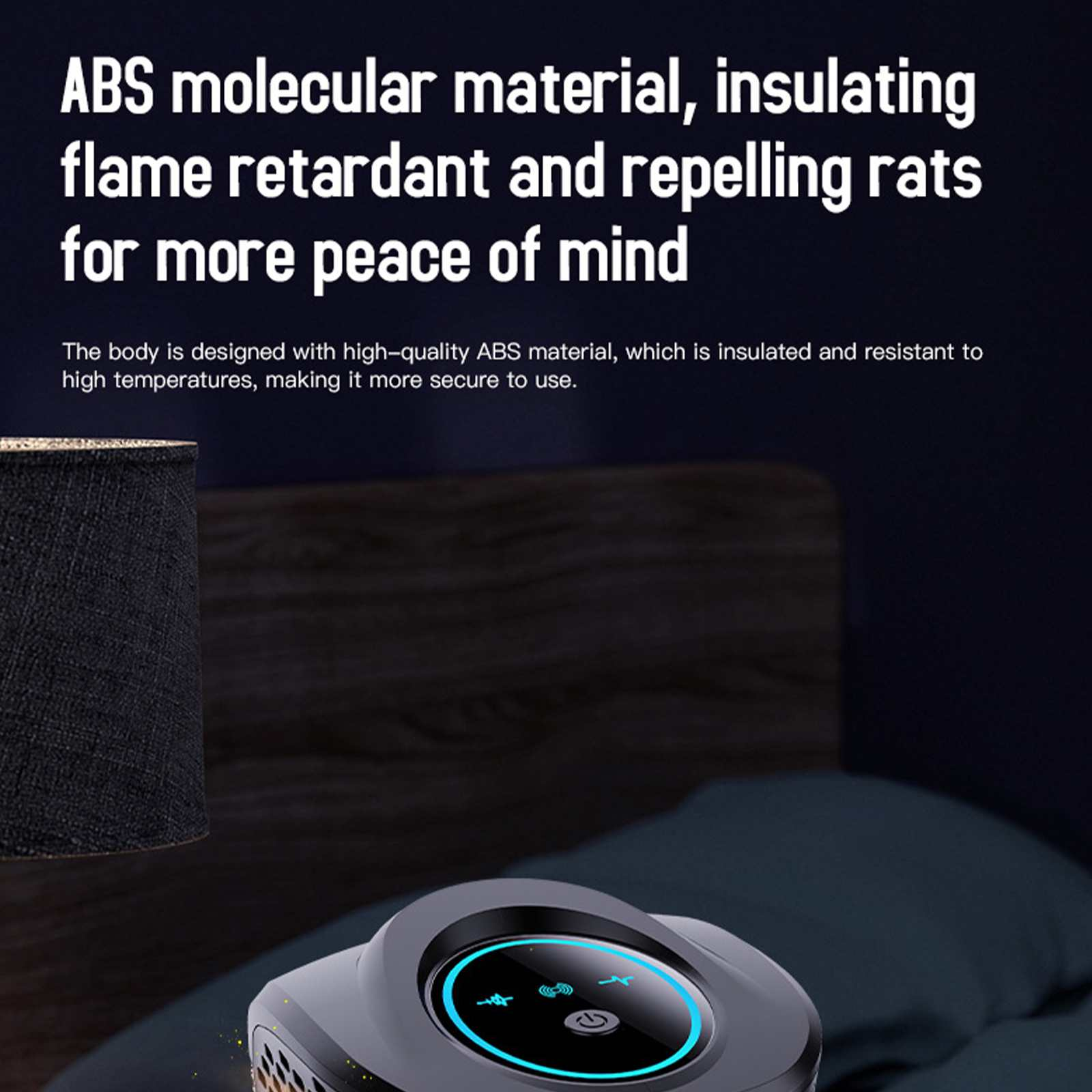 Das Bild zeigt ein Produkt mit Text über ABS-Material, Flammschutz und Rattenabweisung. Eine Lampe und ein Gerät sind sichtbar.