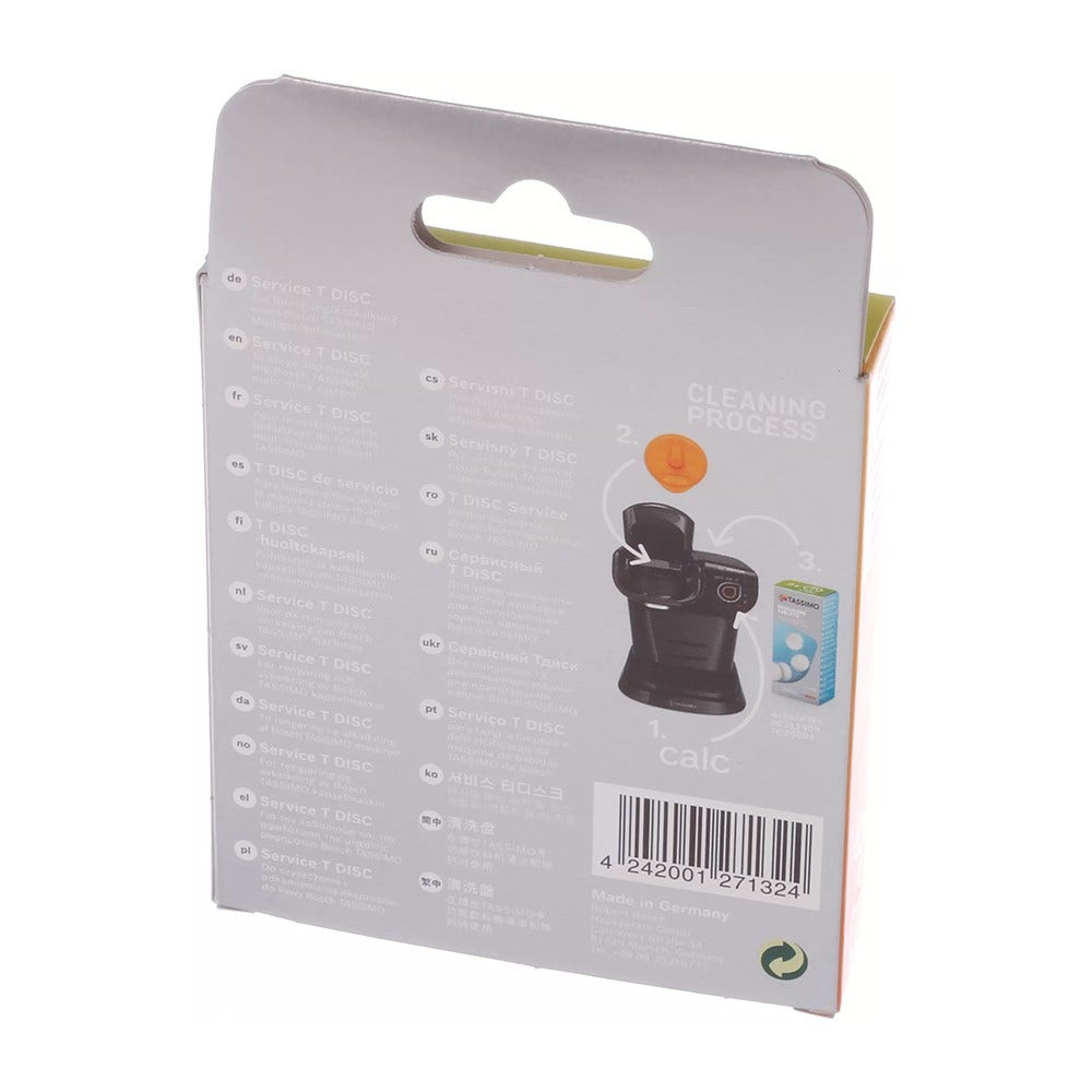 Schachtel mit Text in mehreren Sprachen, Diagramm eines Reinigungsvorgangs und Barcode. Die Schachtel ist weiß und grau.