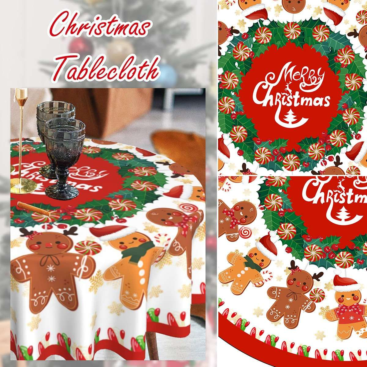 Weihnachtstischdecke mit Lebkuchenmännern, Zuckerstangen und Stechpalmen. Zwei Gläser und ein Kerzenhalter auf dem Tisch.