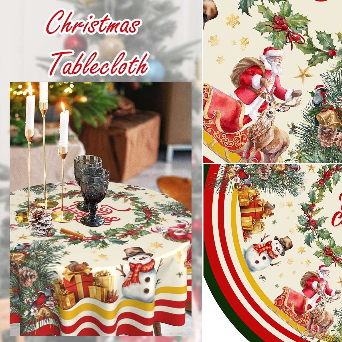 Weihnachtstischdecke mit Schneemann, Geschenken, Weihnachtsmann im Schlitten und Stechpalme. Goldene Kerzenhalter und Gläser auf dem Tisch.