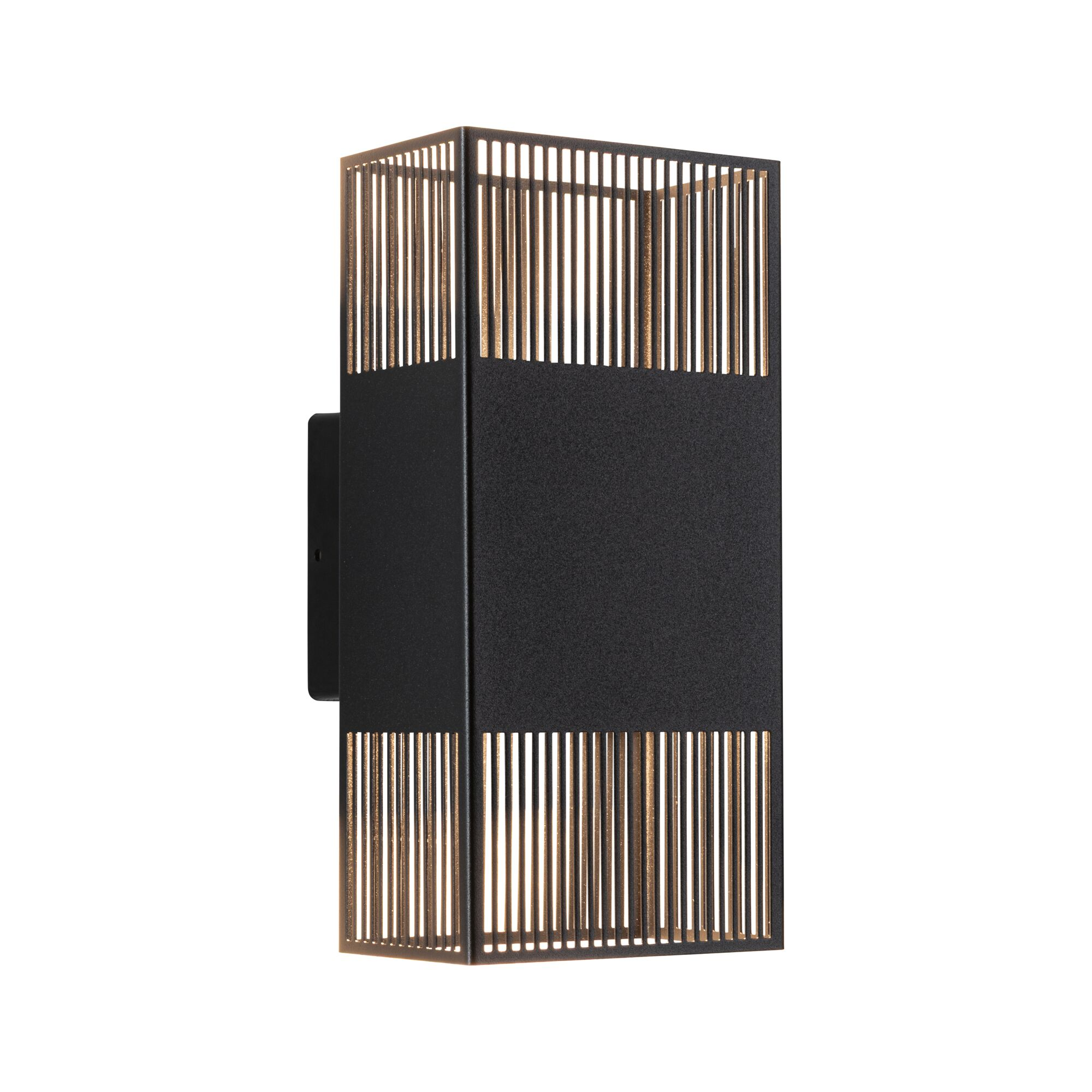 Une applique murale noire et dorée. Elle comporte des barres verticales autour d'un panneau noir central. Le fond est blanc.