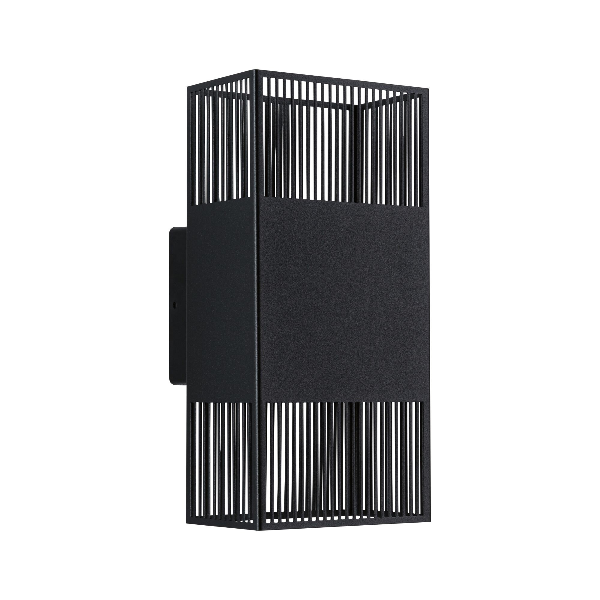 Applique murale en métal noir. Elle a un cadre rectangulaire avec des barres verticales et un panneau central plein.