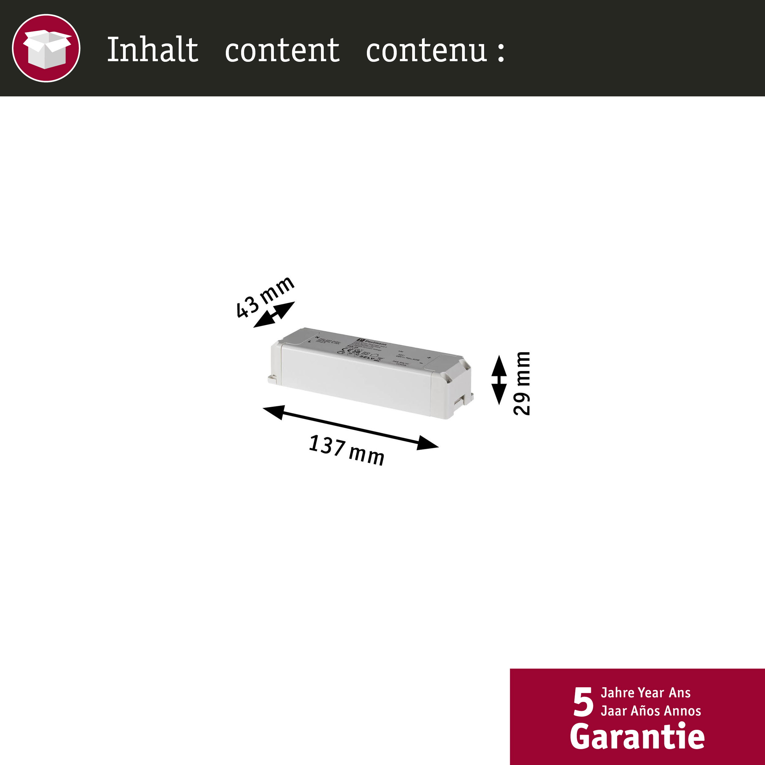 Un composant électrique rectangulaire blanc avec des dimensions. Le texte en haut dit 'Inhalt content contenu'.