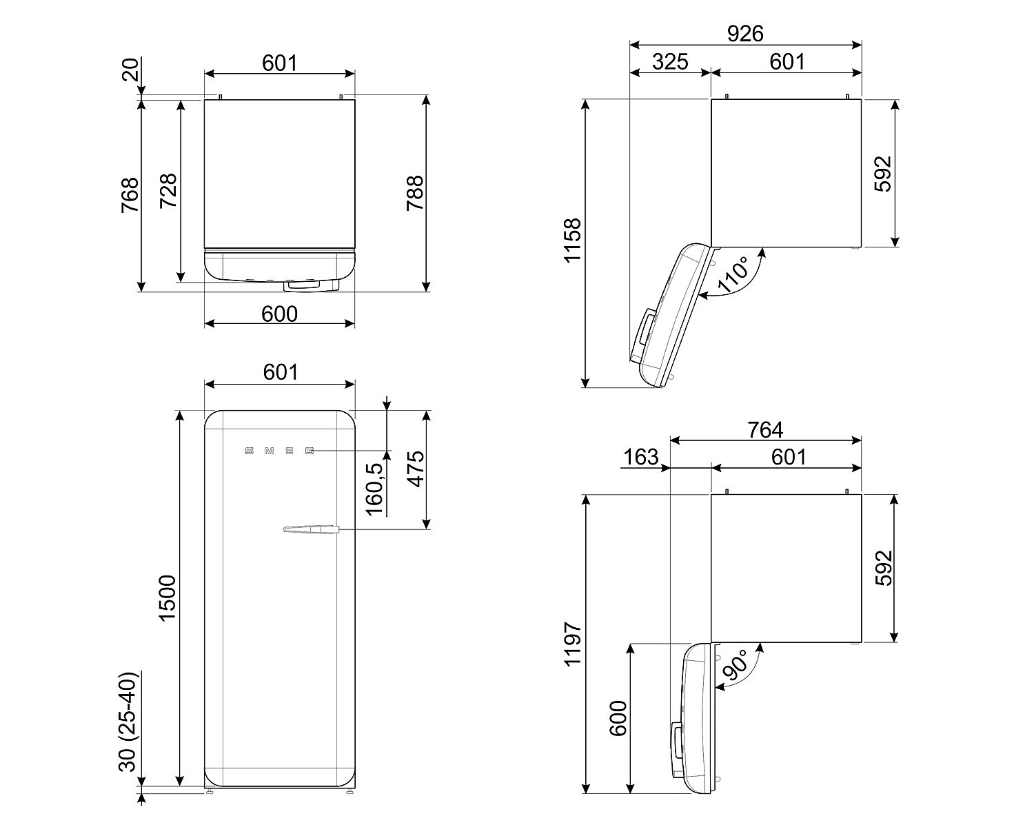 Dibujo técnico de un refrigerador, mostrando dimensiones y ángulos. Incluye vistas frontal, lateral y superior con medidas en mm.