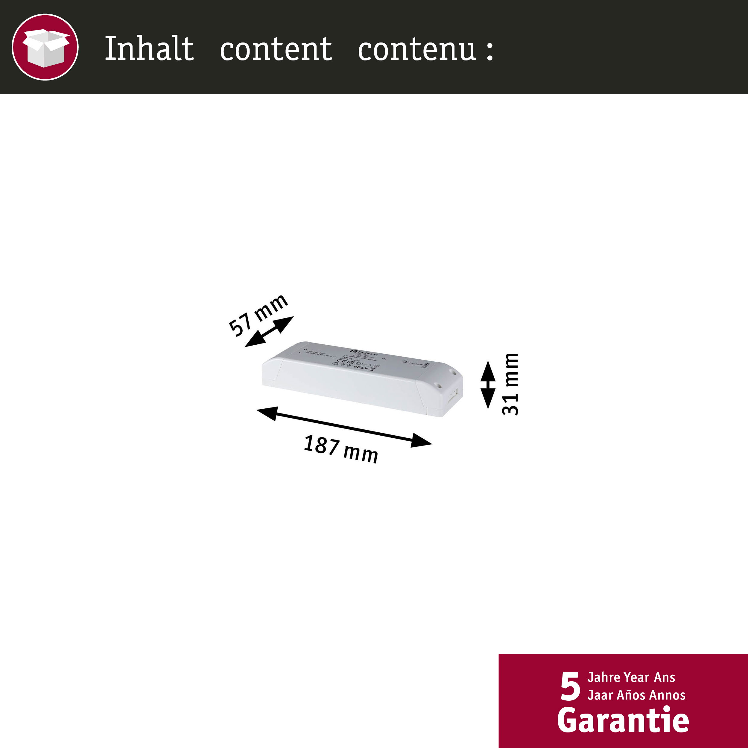 Appareil rectangulaire blanc avec dimensions étiquetées. Le texte comprend 'Inhalt content contenu' et '5 Jahre Garantie'.