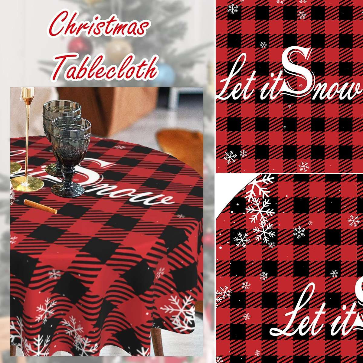 Rot-schwarz karierte Tischdecke mit dem Text "Let it Snow". Mit Schneeflocken, Gläsern und Kerzenhaltern. Weihnachtsthema.