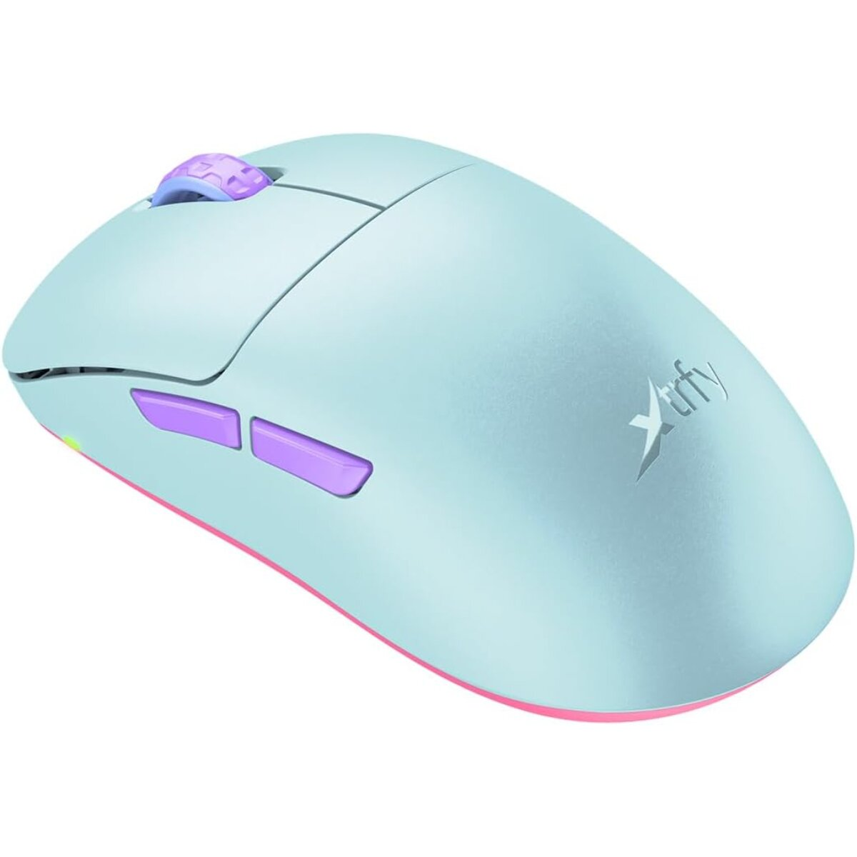 A light blue computer mouse with purple accents on the buttons and scroll wheel. The brand name is on the side.