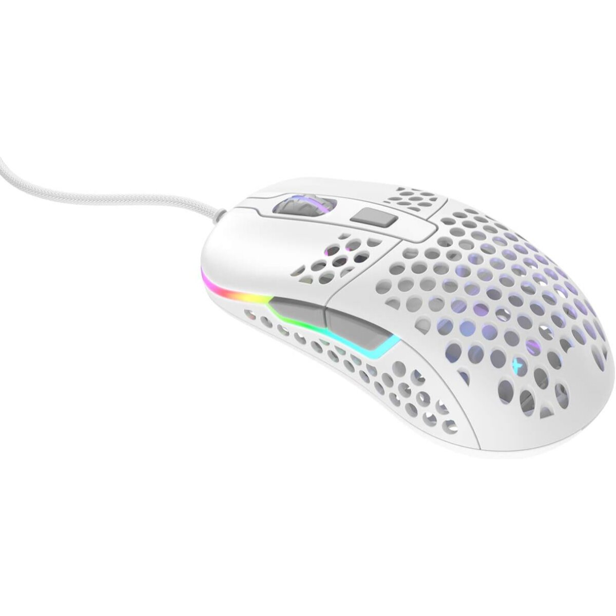 Mouse da gaming bianco con design a nido d'ape e accenti LED arcobaleno. Ha un cavo intrecciato e diversi pulsanti.