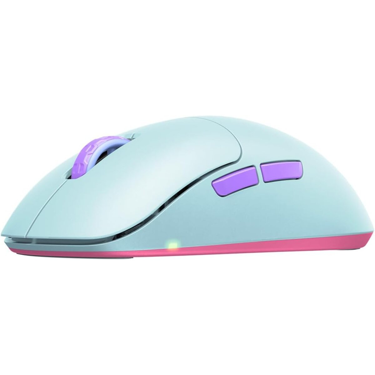 A light blue gaming mouse with pink base and purple buttons. The scroll wheel and two side buttons are purple.