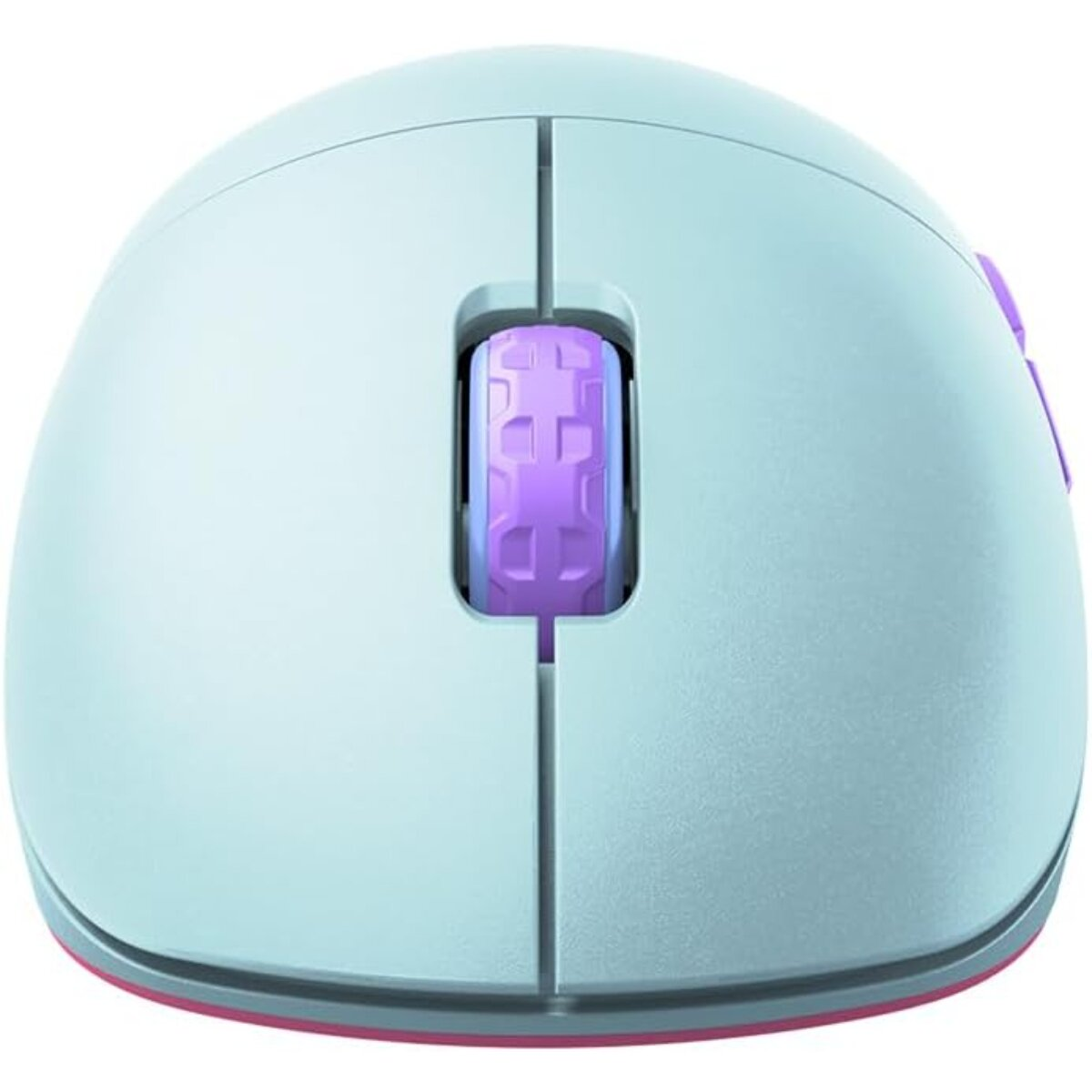 A light blue computer mouse with a purple scroll wheel and buttons. The bottom edge has a pink line.