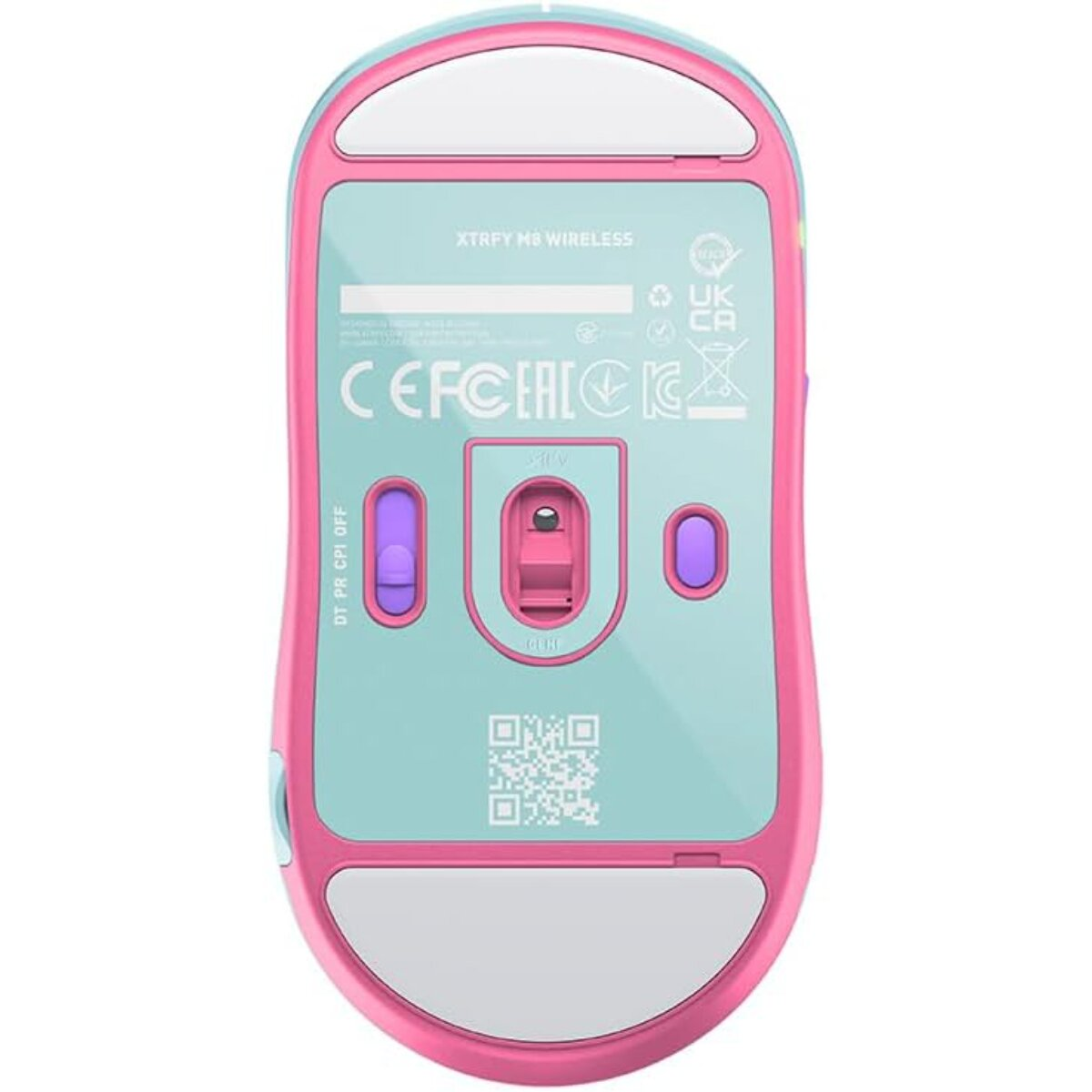 Bottom of a pink and turquoise wireless mouse. Contains buttons, a QR code, and markings. The mouse is labeled Xtrfy M8 Wireless.