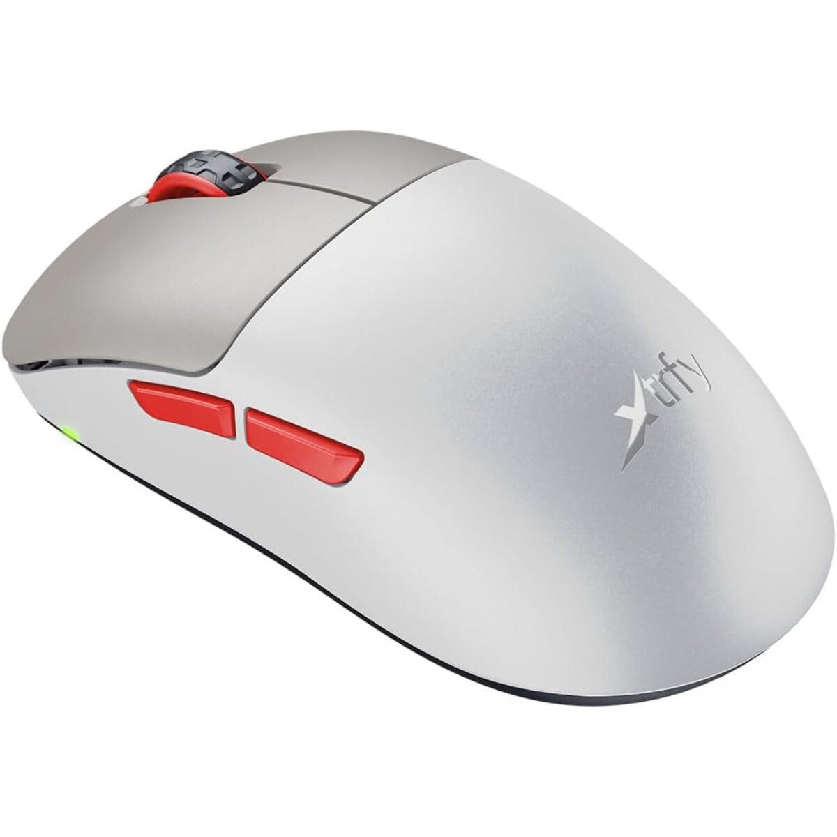 A computer mouse with a silver and white body, red buttons, and a scroll wheel. The brand name is visible.