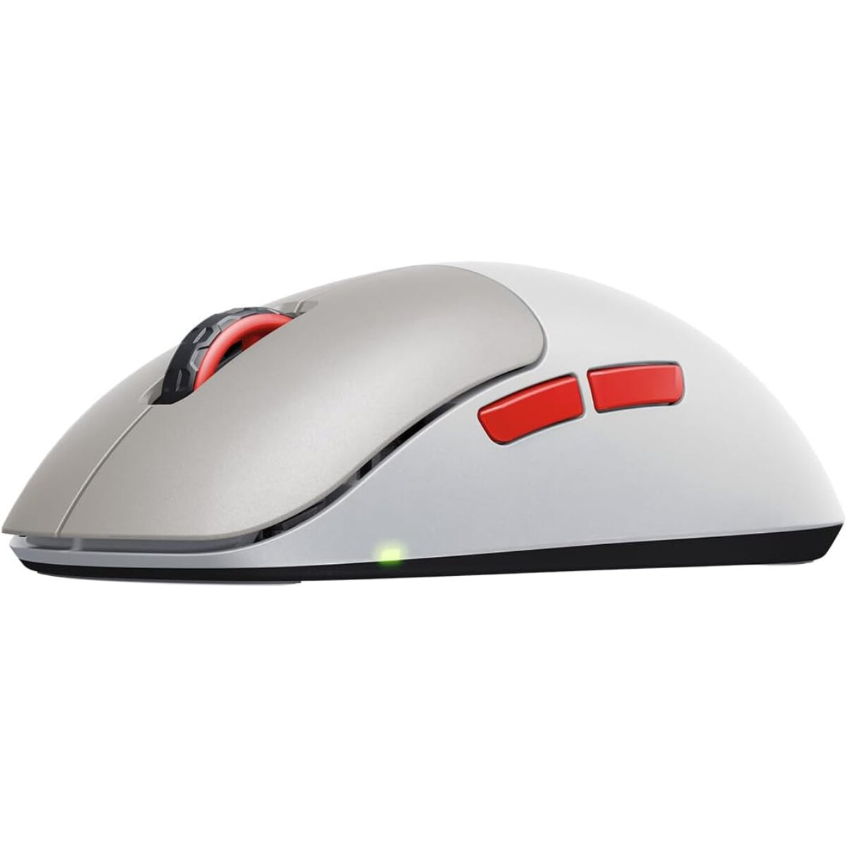 A white and gray computer mouse with red buttons and a scroll wheel. It has a black base and a green indicator light.