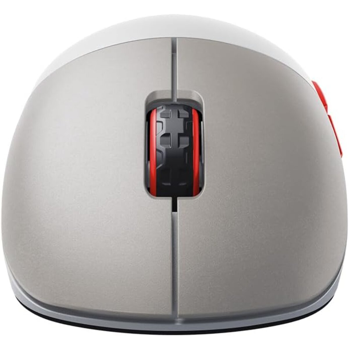 A computer mouse, with a gray body and white top. It has a black and red scroll wheel and red buttons.