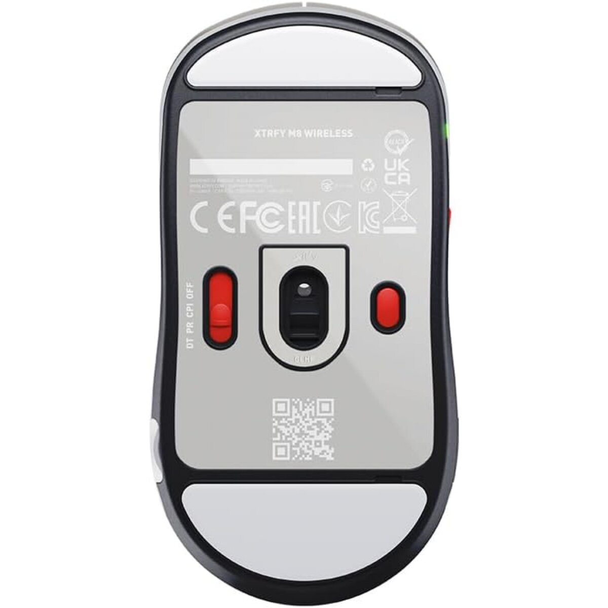 Bottom view of a wireless gaming mouse. Black and gray design. Red buttons and switch. QR code. White pads.