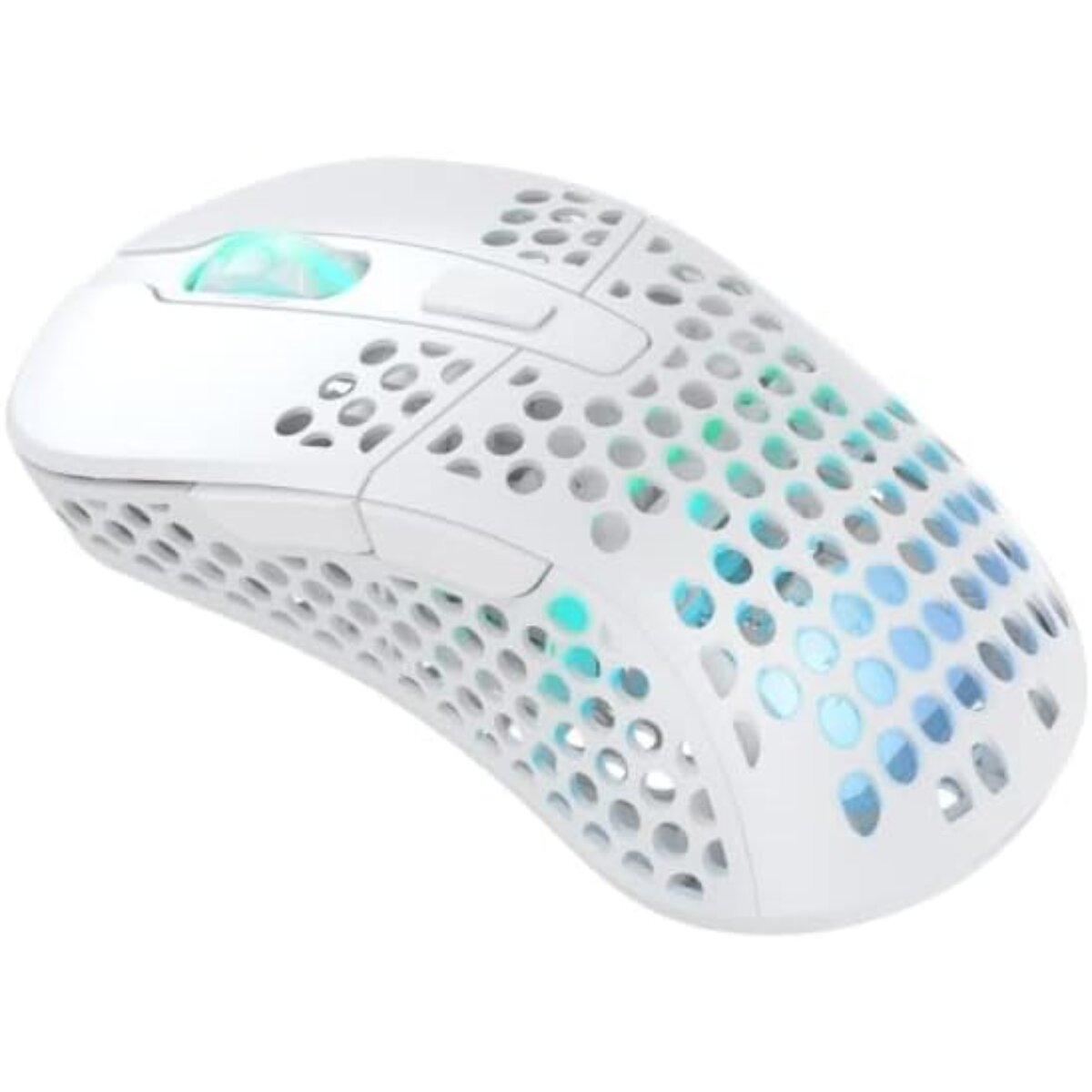 A white gaming mouse with a honeycomb design. The scroll wheel and base have colorful LED lights.