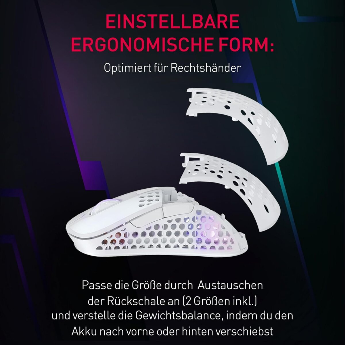 White ergonomic mouse with detachable parts, designed for right-handed users. Text highlights adjustable size and weight balance features.