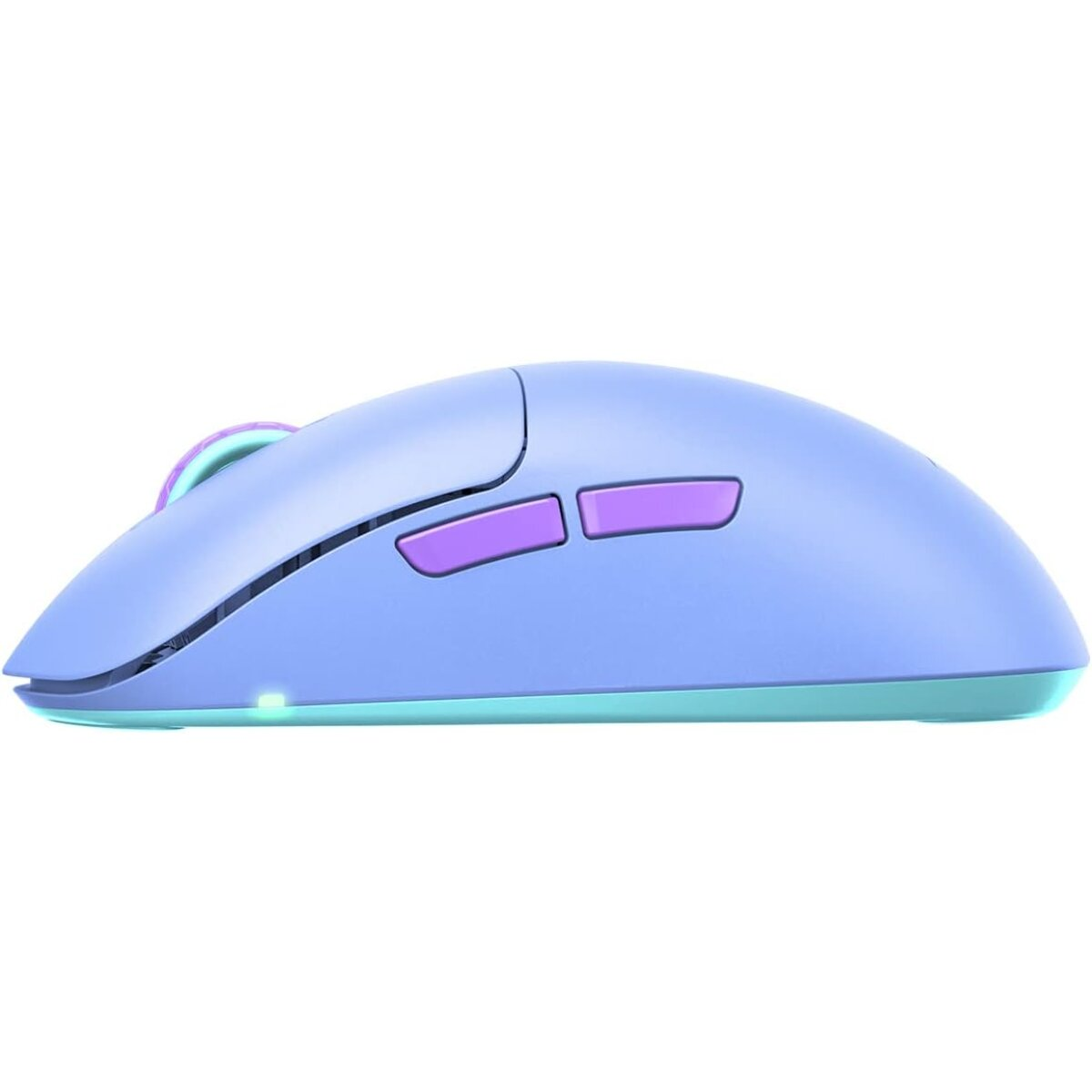 Vue latérale d'une souris d'ordinateur bleue et violette. Elle a deux boutons violets et une base vert clair.