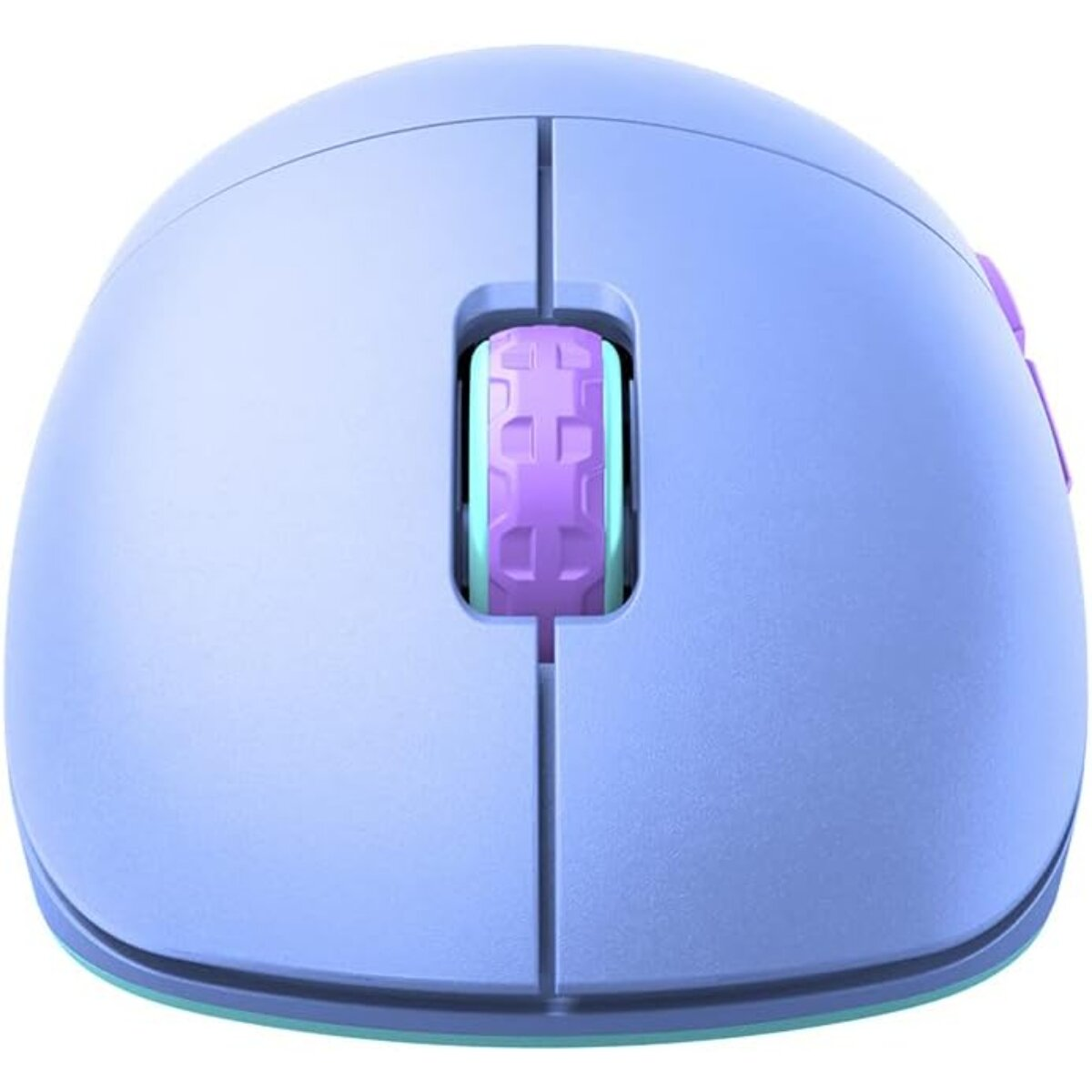Une souris d'ordinateur violet clair. Elle a une molette et des boutons violets. La souris est sur fond blanc.