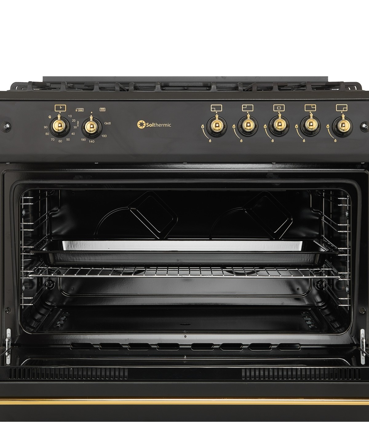 Un horno negro Solthermic con la puerta abierta. Perillas, controles de temperatura y ajuste de parrilla visibles.