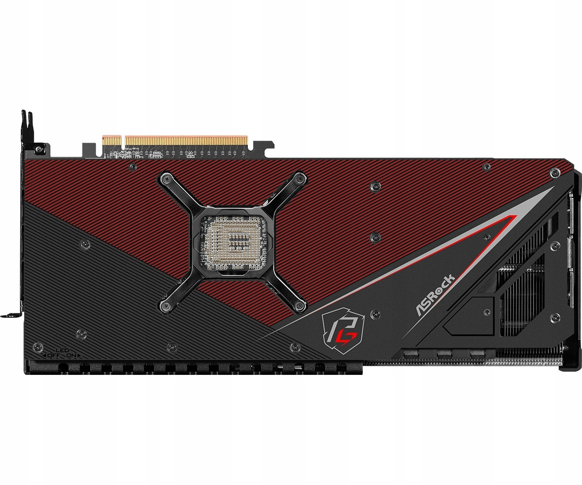 Eine Grafikkarte mit schwarz-rotem Design. Die Karte hat eine zentrale quadratische Komponente und das ASRock-Logo.