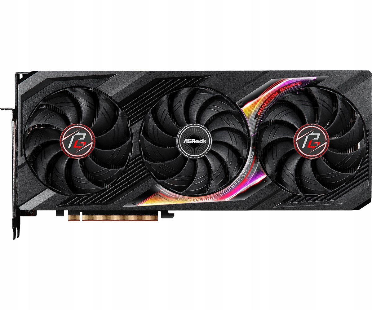 Eine Grafikkarte mit drei Lüftern. Sie hat das ASrock-Logo und das Phantom Gaming-Branding. Die Lüfter sind schwarz mit roten Akzenten.