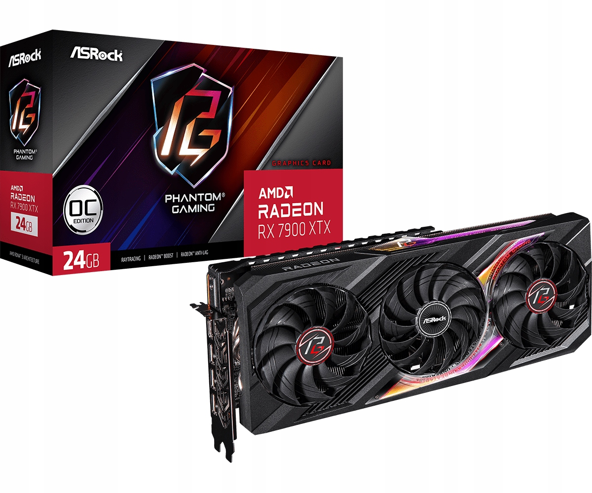 Eine ASRock RX 7900 XTX Grafikkarte und ihr Karton werden gezeigt. Die Karte hat drei Lüfter. Die Box hat das Phantom Gaming Logo.