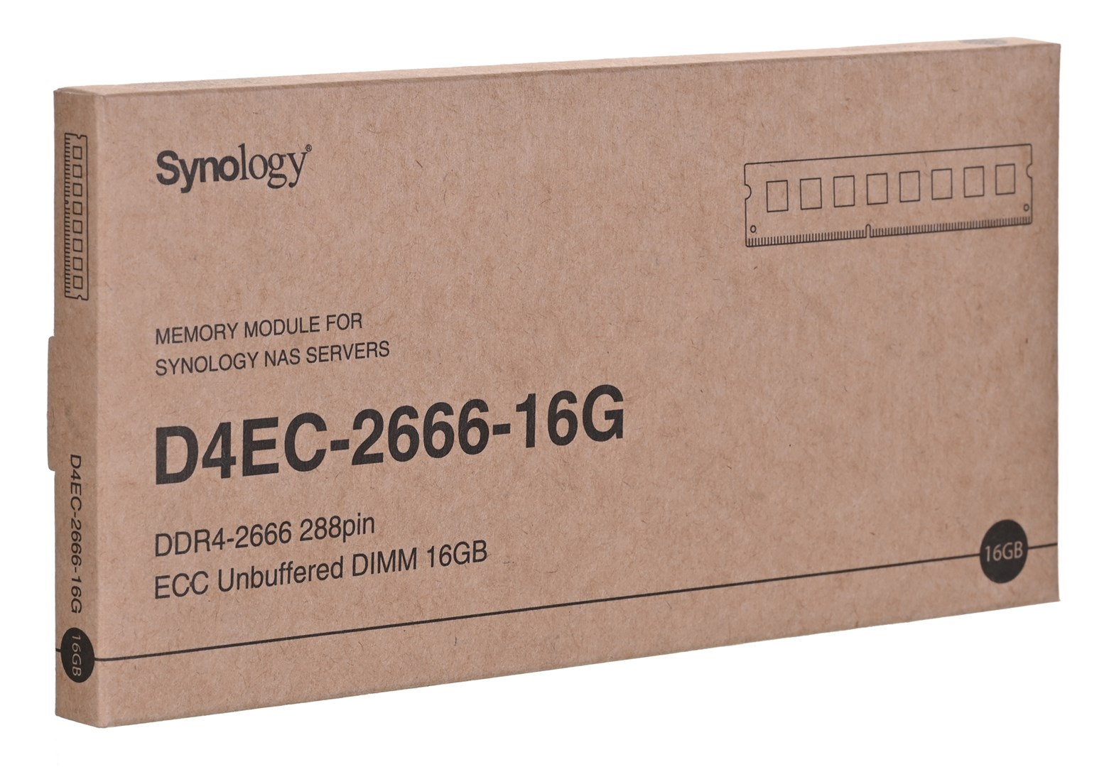 Brązowe kartonowe pudełko modułu pamięci Synology. Zawiera szczegóły produktu i numer modelu D4EC-2666-16G.