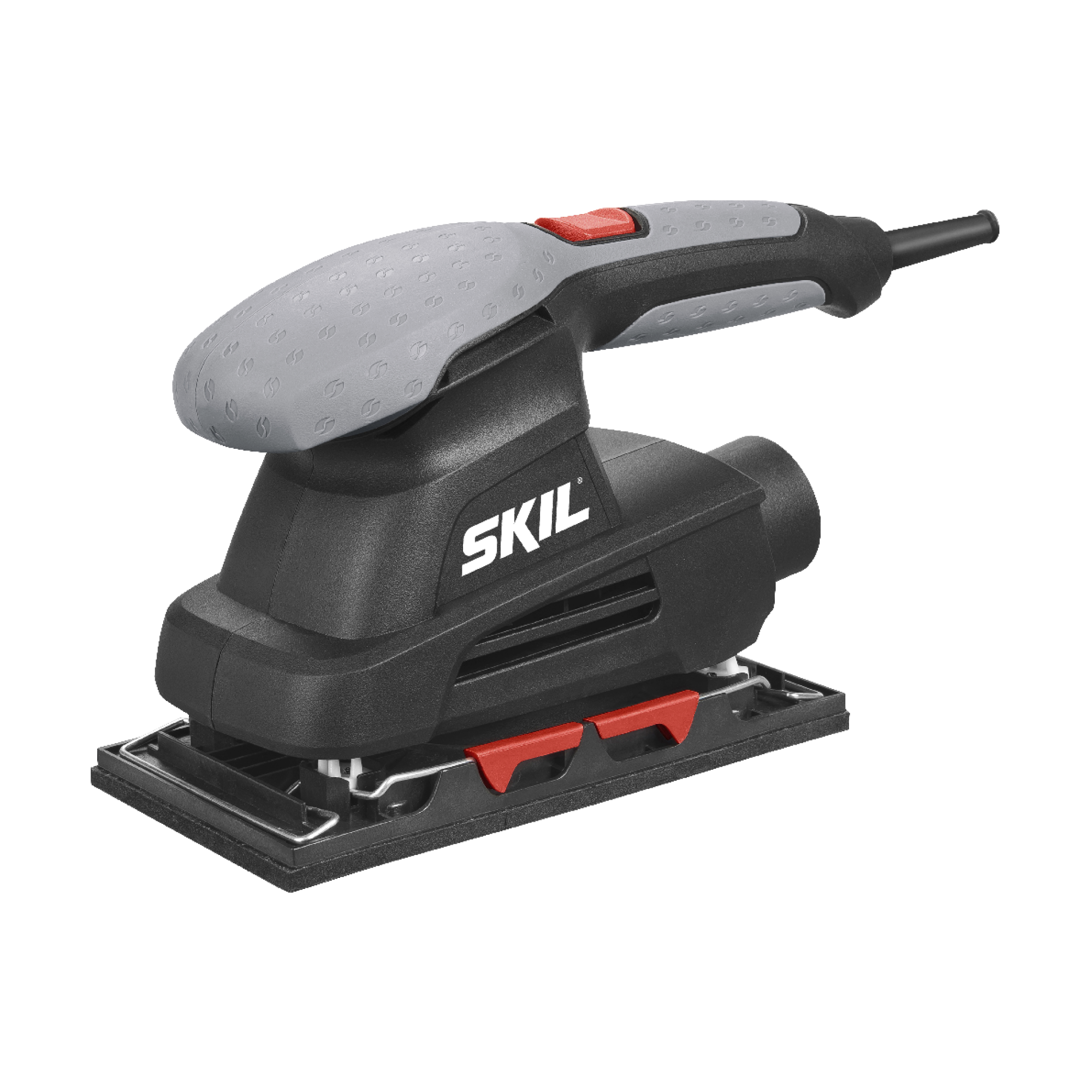 A black and gray SKIL sander with a red button and accents. It sits on a white background.