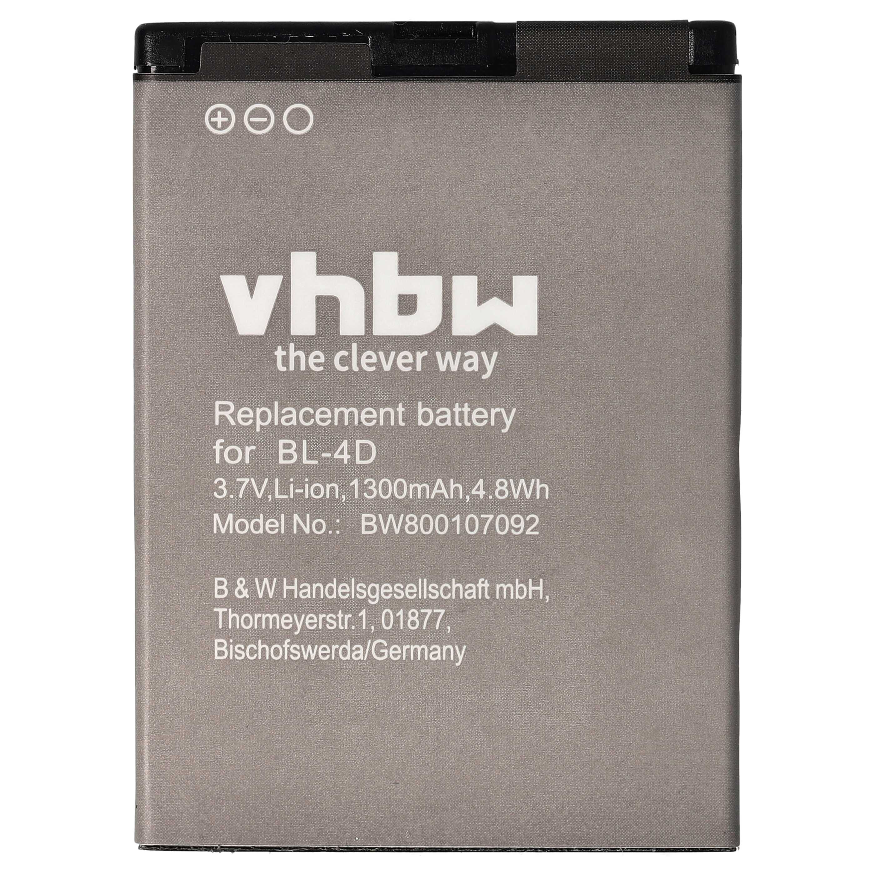 Ein rechteckiger Akku mit schwarzer Oberseite. Er trägt weißen Text: vhbw, Ersatzbatterie für BL-4D und Firmeninformationen.