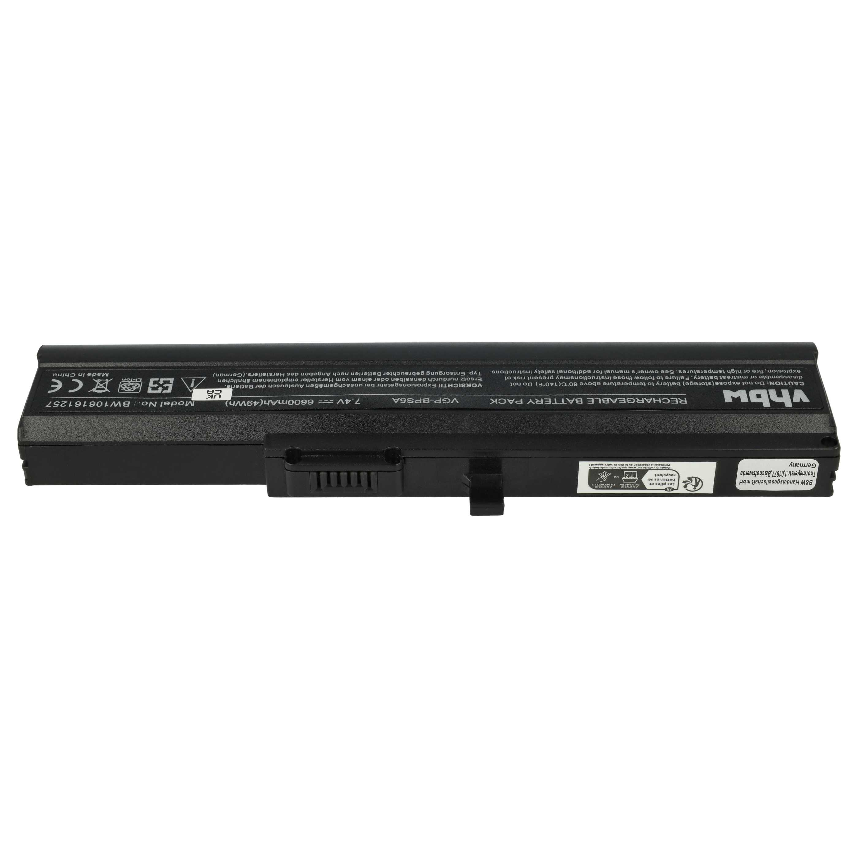 Ein schwarzer Laptop-Akkupack. Der Text 'vhbw' ist sichtbar. Verschiedene Warnhinweise und Text sind vorhanden.