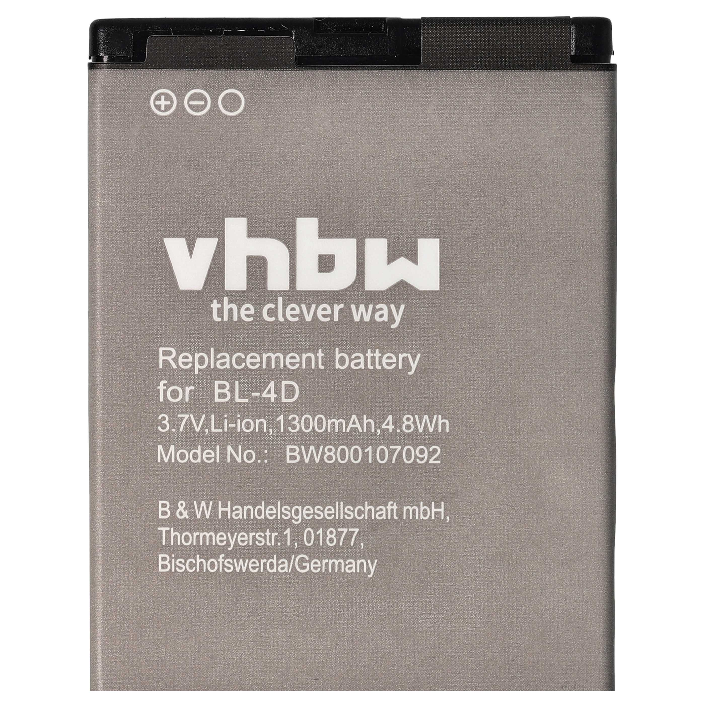 Grauer Akku mit weißem Text. Er hat das vhbw-Logo und Details über den Ersatzakku für BL-4D.