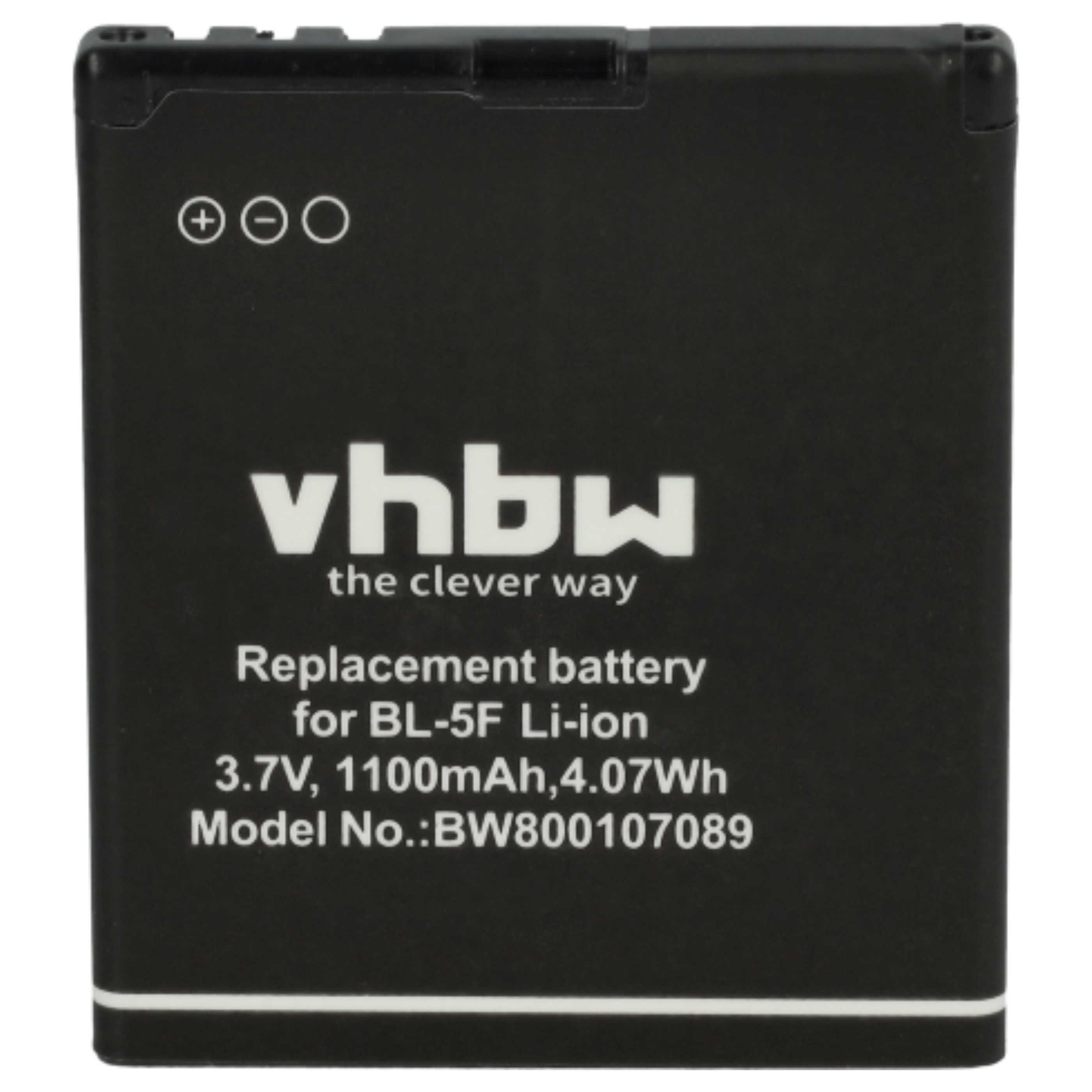 Schwarzer rechteckiger Akku. Weißer Text: vhbw, Ersatzakku für BL-5F Li-ion, 3,7V, 1100mAh, 4,07Wh. Modell-Nr.:BW800107089.