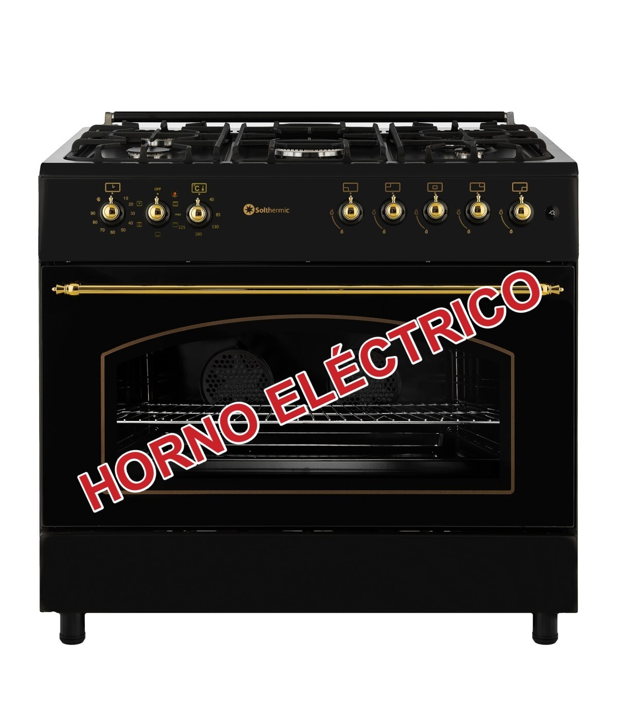 Horno eléctrico negro con detalles dorados. Tiene puerta de vidrio y panel de control con perillas. La etiqueta dice 'HORNO ELÉCTRICO'.